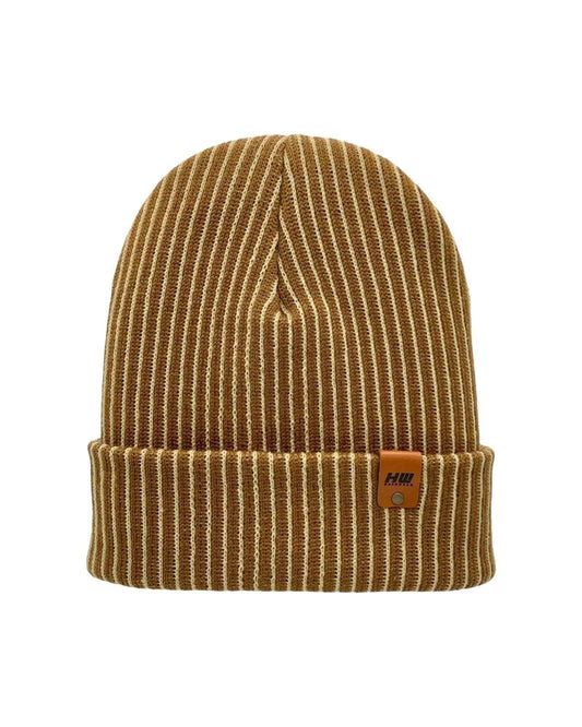 Cuffed Wide Ribbed Striped Beanie, Contrast, Beige and Brown, Traditional Beanie
