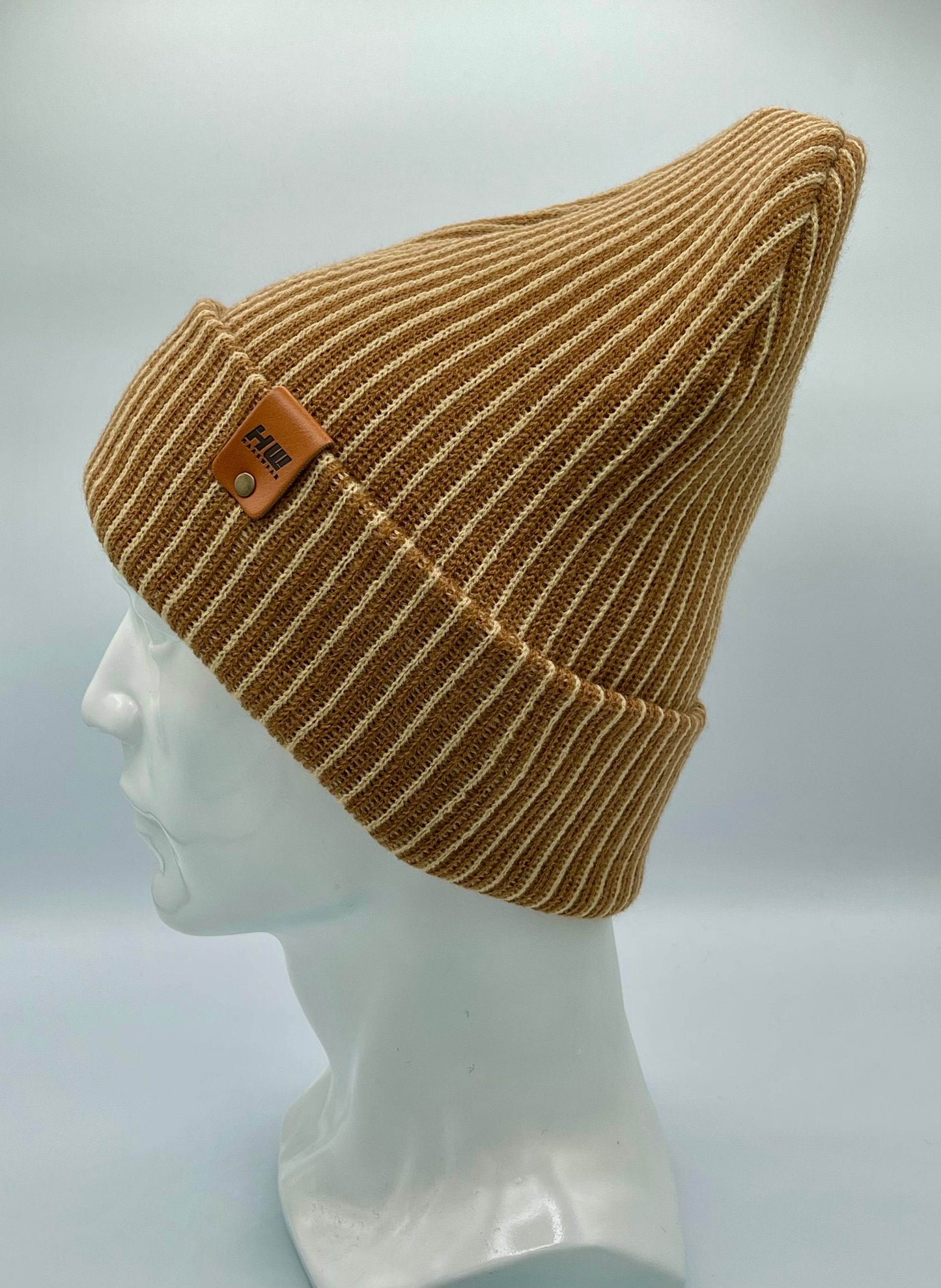Cuffed Wide Ribbed Striped Beanie, Contrast, Beige and Brown, Traditional Beanie