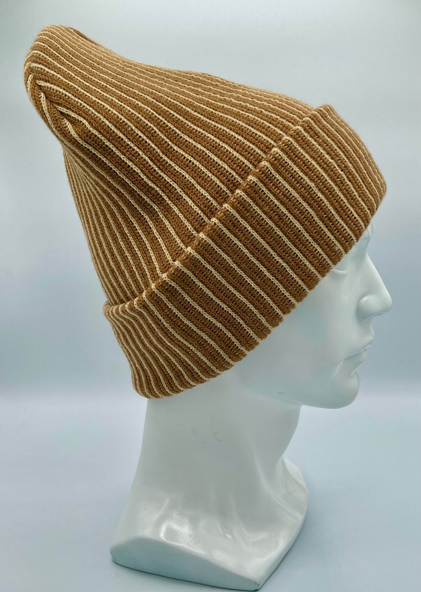 Cuffed Wide Ribbed Striped Beanie, Contrast, Beige and Brown, Traditional Beanie