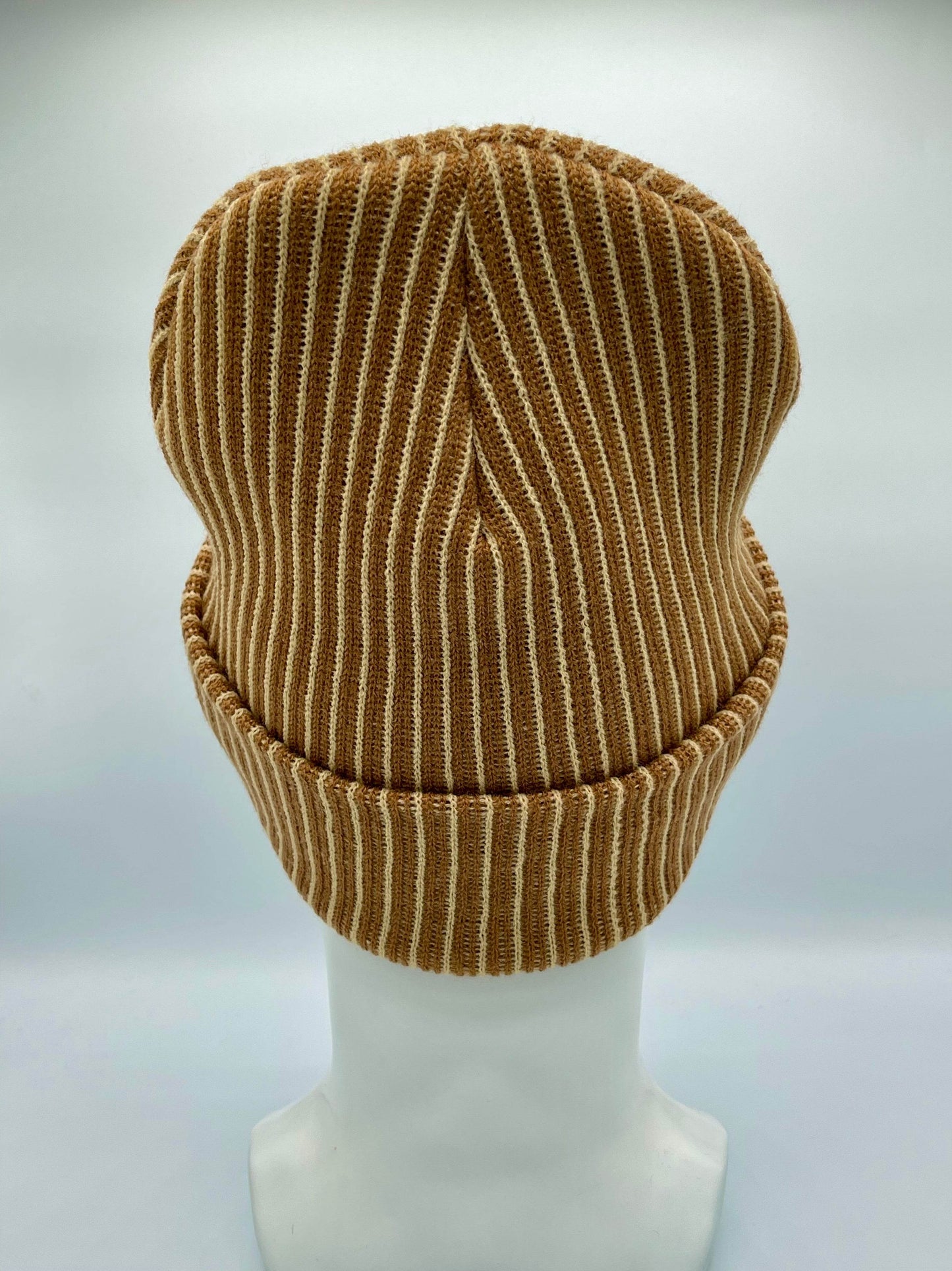 Cuffed Wide Ribbed Striped Beanie, Contrast, Beige and Brown, Traditional Beanie