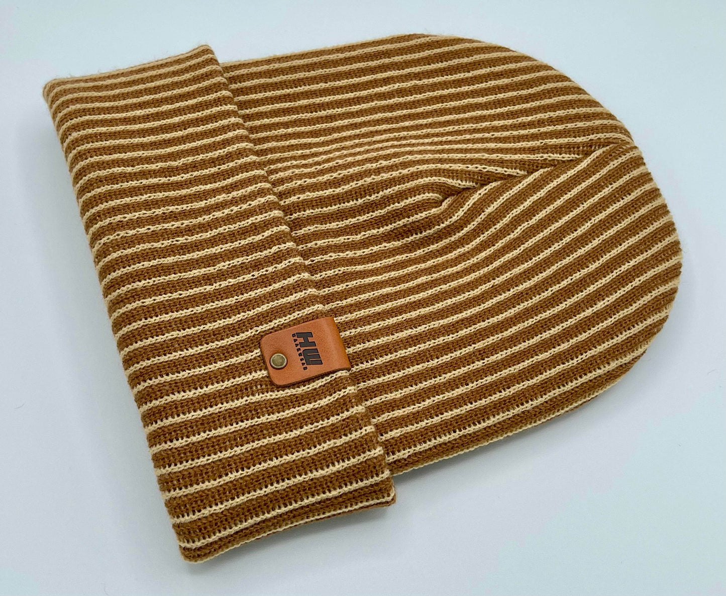 Cuffed Wide Ribbed Striped Beanie, Contrast, Beige and Brown, Traditional Beanie