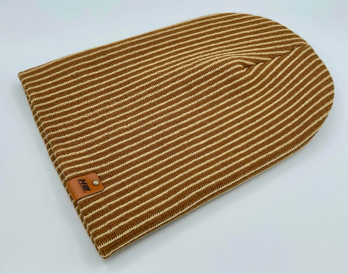 Cuffed Wide Ribbed Striped Beanie, Contrast, Beige and Brown, Traditional Beanie