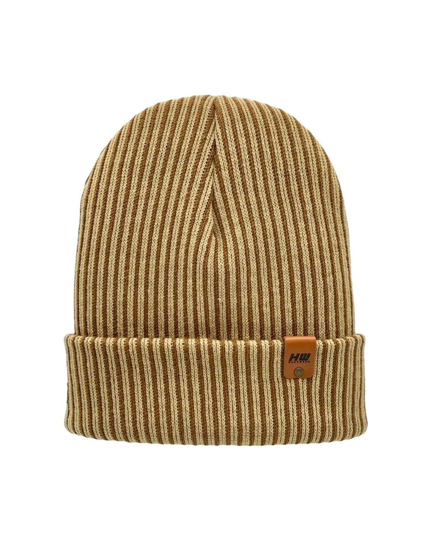 Cuffed Wide Ribbed Striped Beanie, Contrast, Brown and Beige, Traditional Beanie