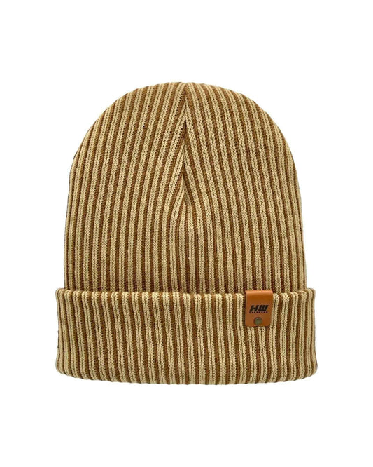 Cuffed Wide Ribbed Striped Beanie, Contrast, Brown and Beige, Traditional Beanie