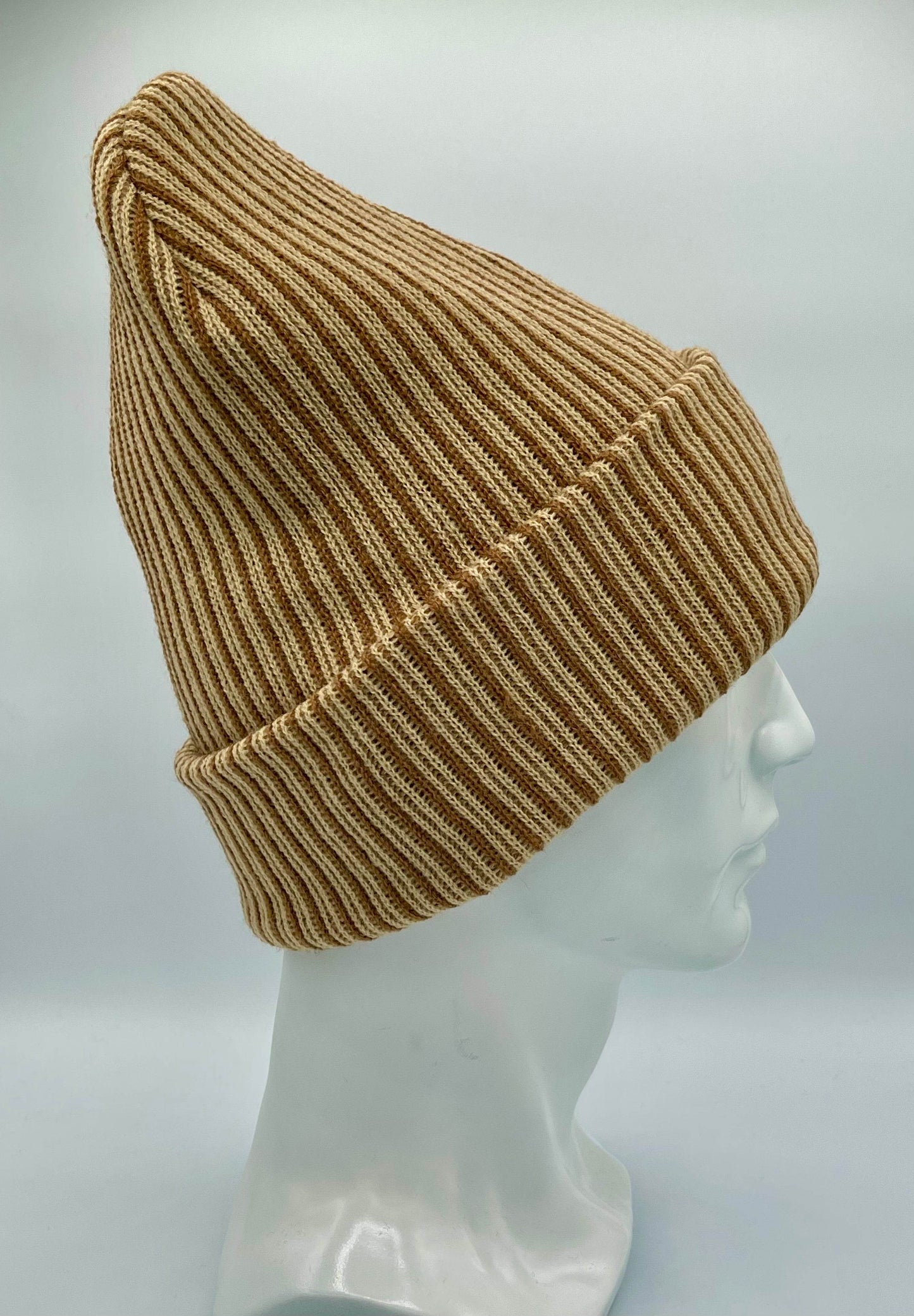 Cuffed Wide Ribbed Striped Beanie, Contrast, Brown and Beige, Traditional Beanie