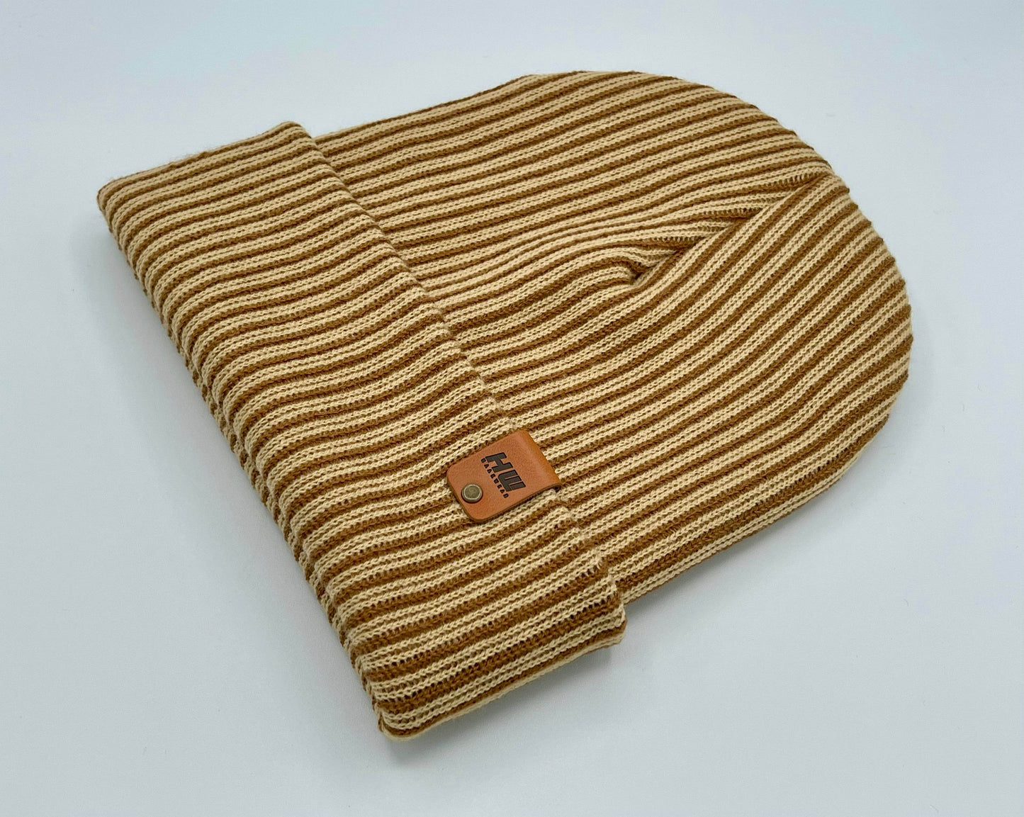 Cuffed Wide Ribbed Striped Beanie, Contrast, Brown and Beige, Traditional Beanie