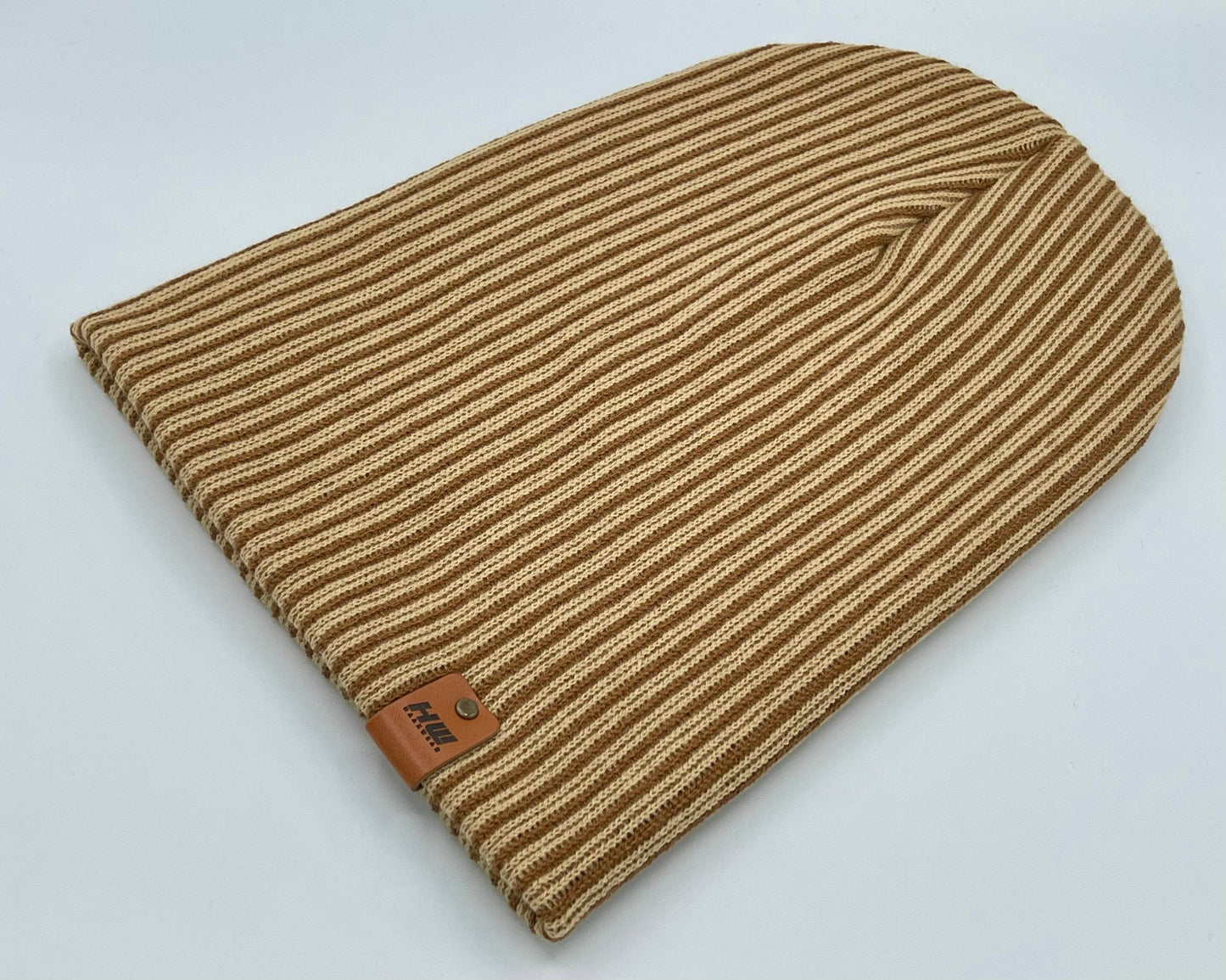 Cuffed Wide Ribbed Striped Beanie, Contrast, Brown and Beige, Traditional Beanie