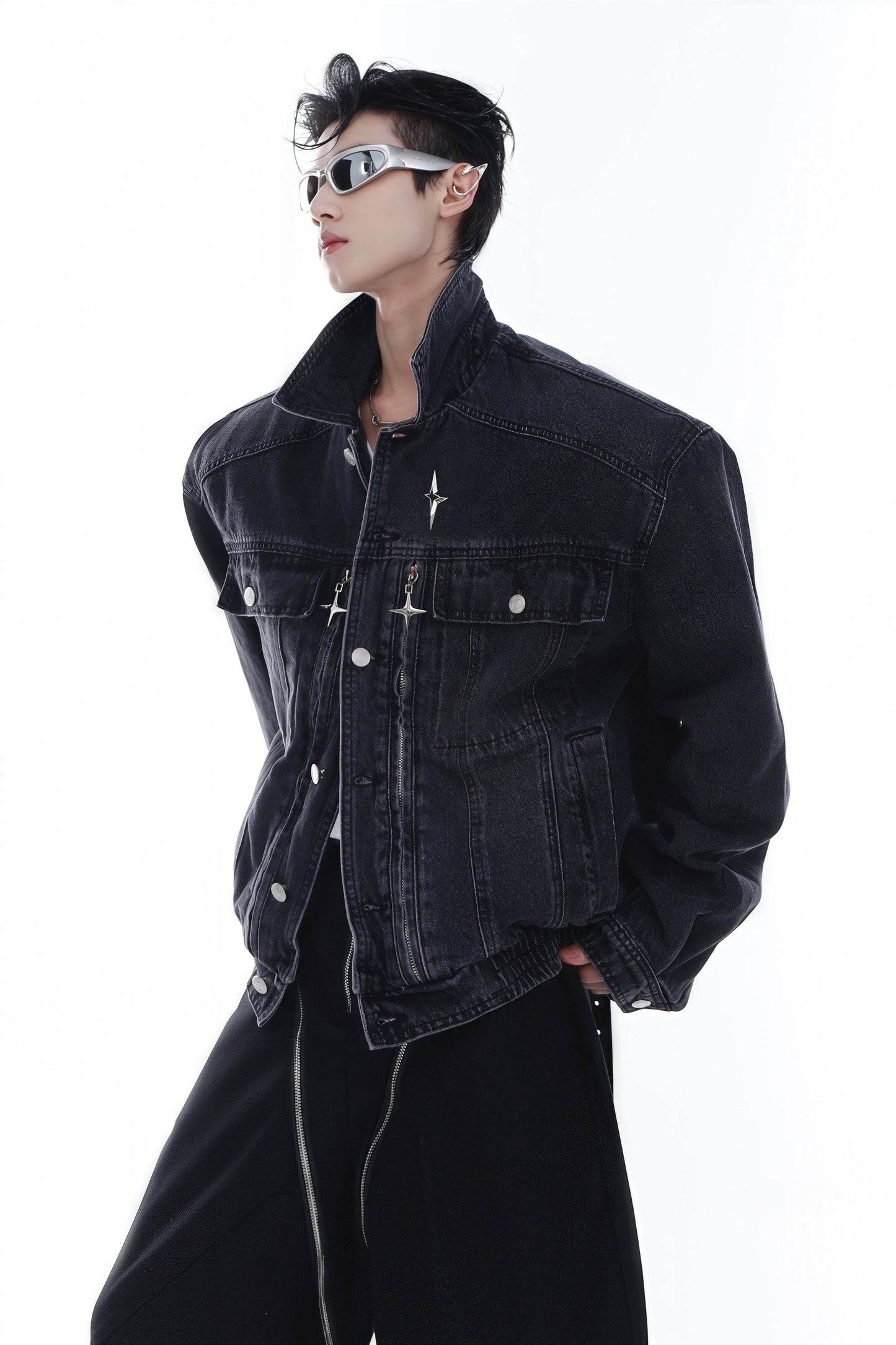 Heavyweight Denim Jacket - Washed Shoulder Pads & Metal Zipper Design