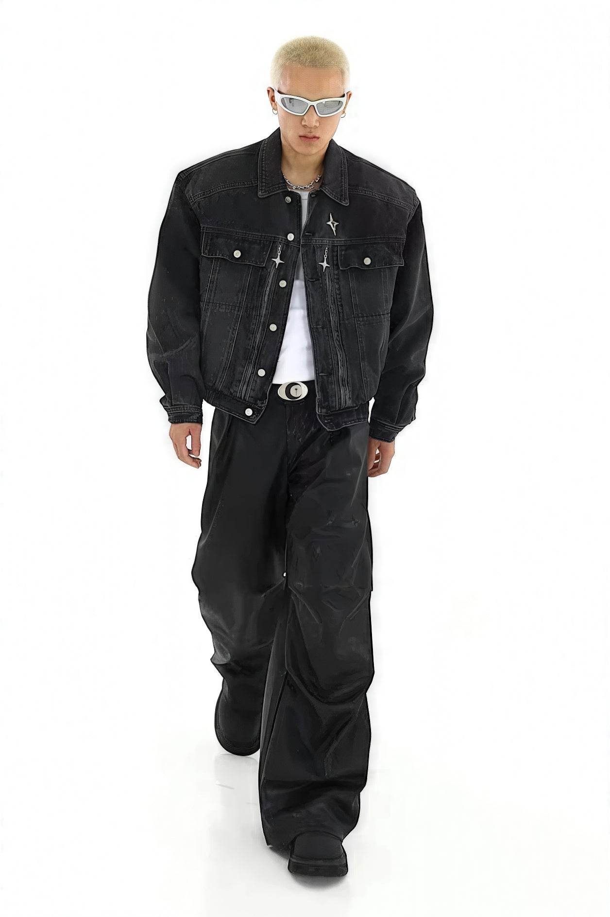 Heavyweight Denim Jacket - Washed Shoulder Pads & Metal Zipper Design