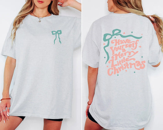 Have Yourself a Merry Little Christmas Shirt, Pink Teal Bow Christmas Tee, Cute Holiday Graphic T-Shirt, Girly Retro Xmas Top