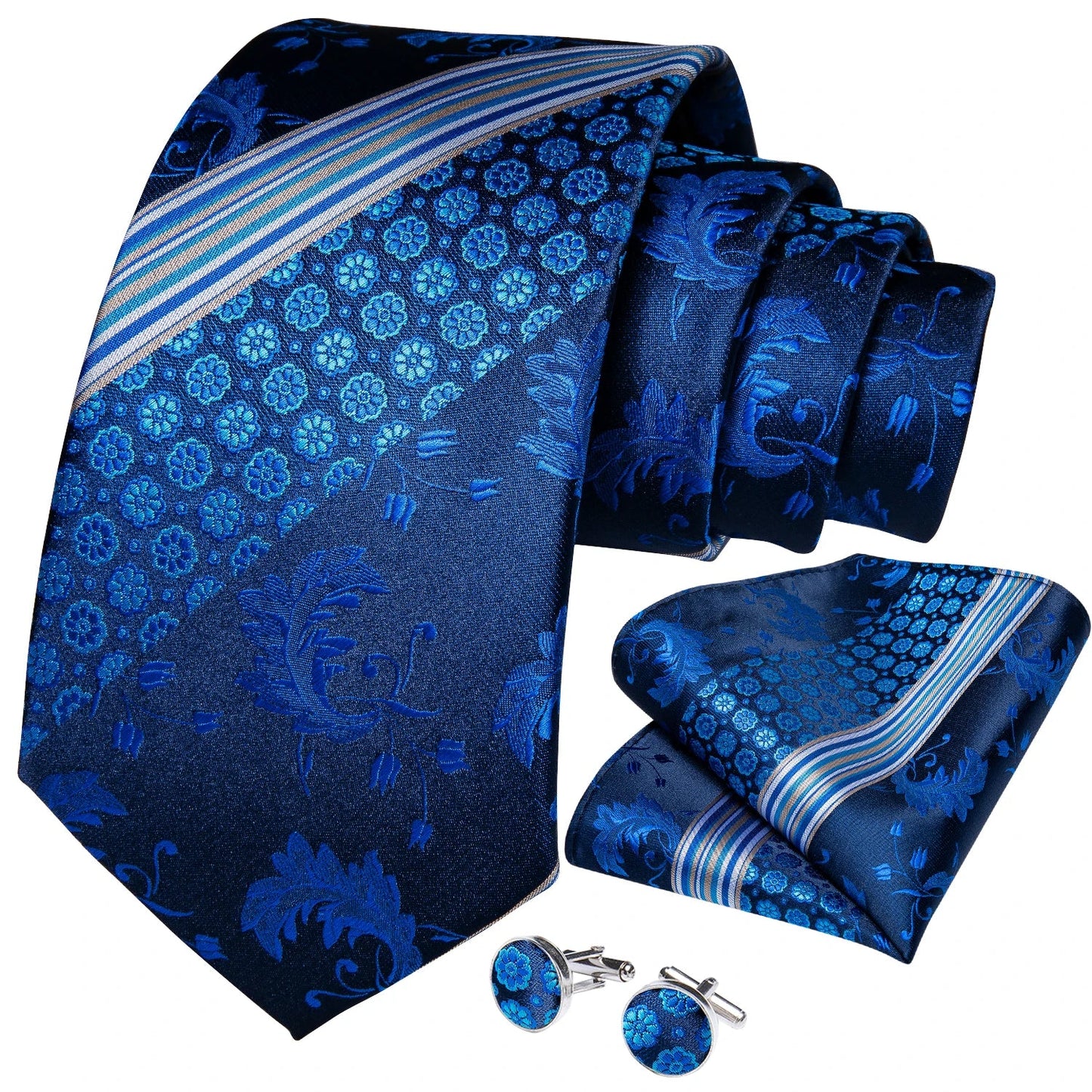 New Classic 100% Silk Men's Ties 8cm Blue Plaid Dot Striped Business Necktie Handkerchief Wedding Party Tie Set