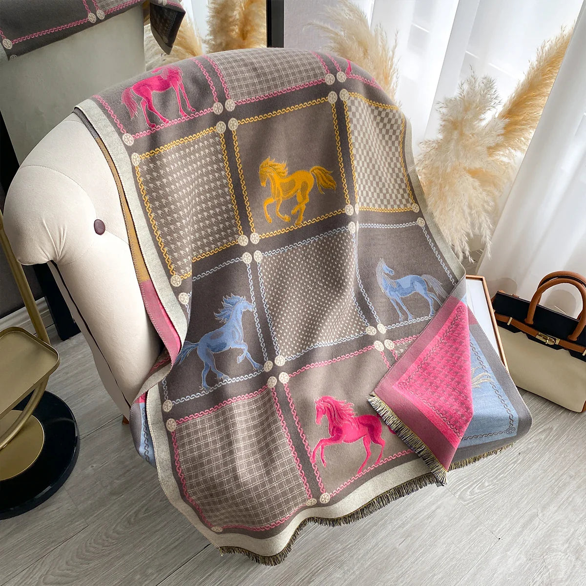 Women's Fashion Multi-Pattern Printed Scarf with Houndstooth Chain Accents and Animal Print Modern Shawl Wholesale