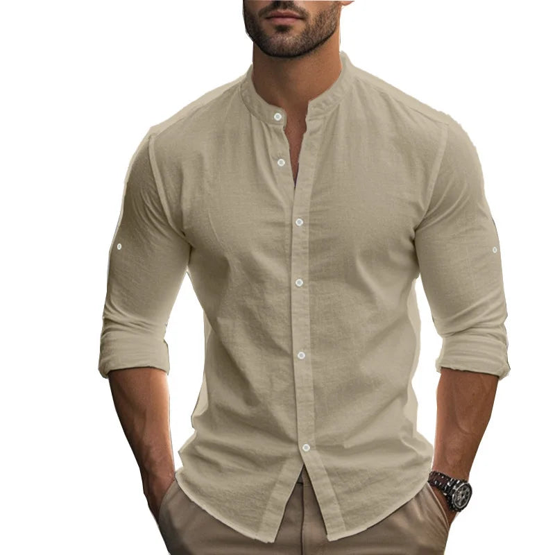Summer Men's Beaded Loose Casual Linen Breathable Hawaiian Simple Long Sleeve Shirt Beach Shorts Set