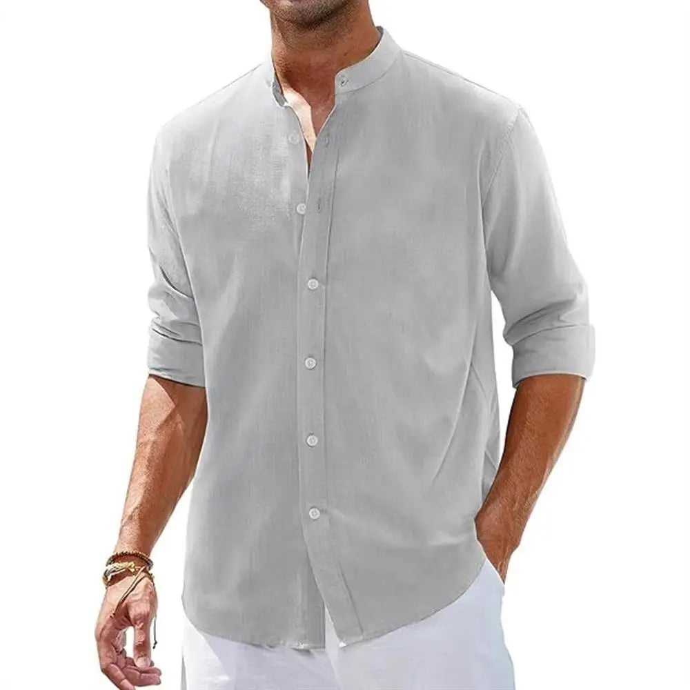 Men's Loose Casual Linen Breathable Solid Color Simple Long Sleeve Shirt Collar Cotton Cardigan