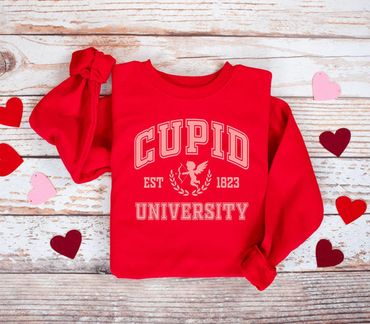 Cupid University Crewneck Sweatshirt – Valentine’s Day Collegiate Graphic Sweatshirt