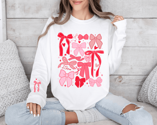 Pink & Red Valentine’s Day Bow Sweatshirt | Bow Sleeve Crewneck | Cute Valentine Outfit | Girly Cozy Pullover