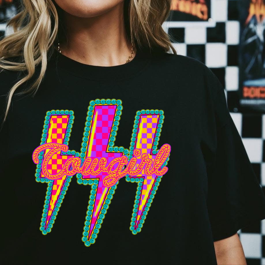 COWGIRL NEON BOLTS clear film screen print