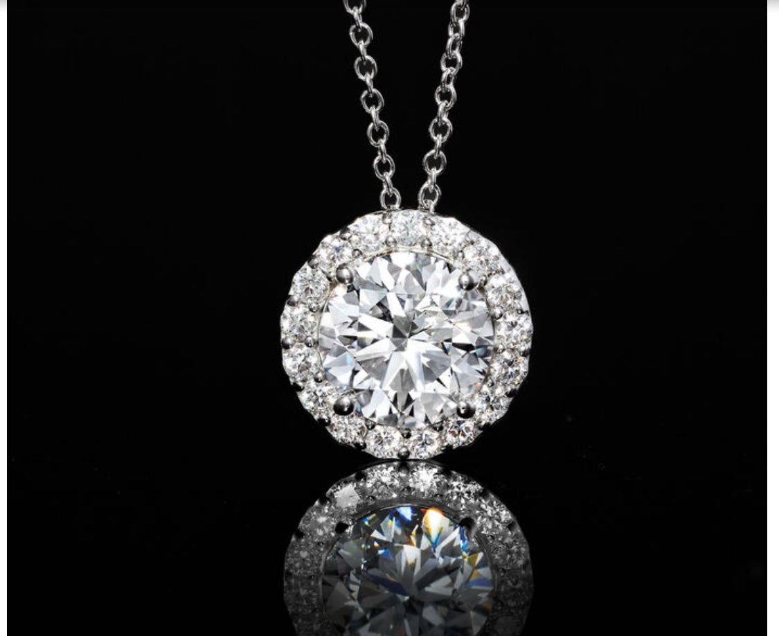 1.50 CTW AGI Certified Lab-Grown Diamond Halo Pendant Necklace in 14kt White Gold