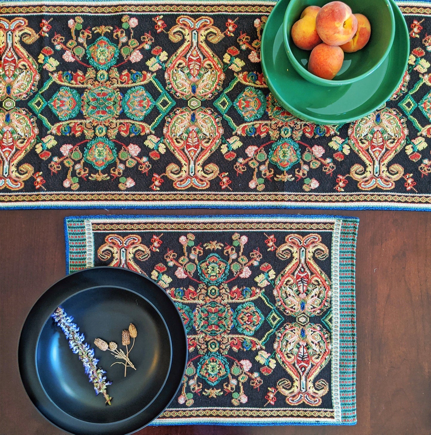 Tache Elegant Black Ornate Paisley Woven Tapestry Table Runner (18192)