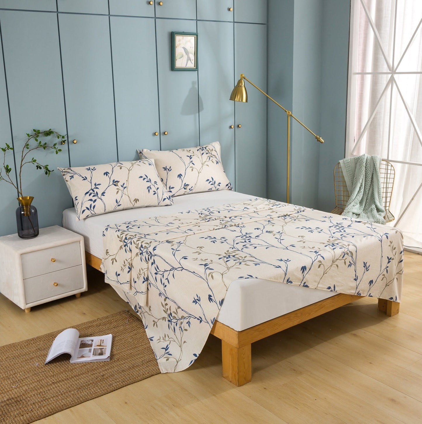 Tache Poplin Cotton Elegant Leaf Vine Cream Beige Fitted Sheet / Flat Sheet (JHW-842)