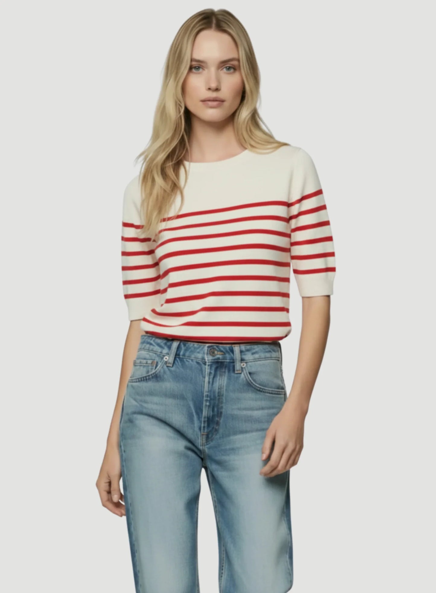 Stretch Linen Stripe Knit Three Quarter Sleeve Boatneck