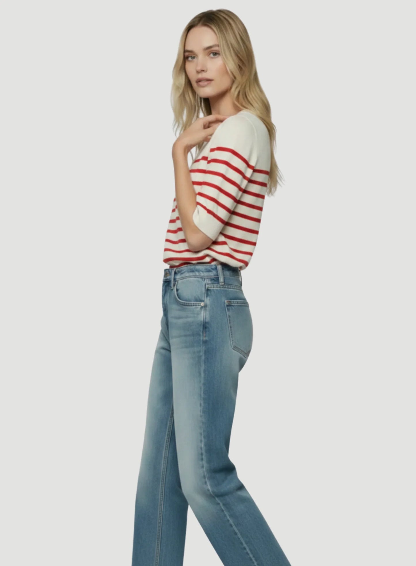 Stretch Linen Stripe Knit Three Quarter Sleeve Boatneck
