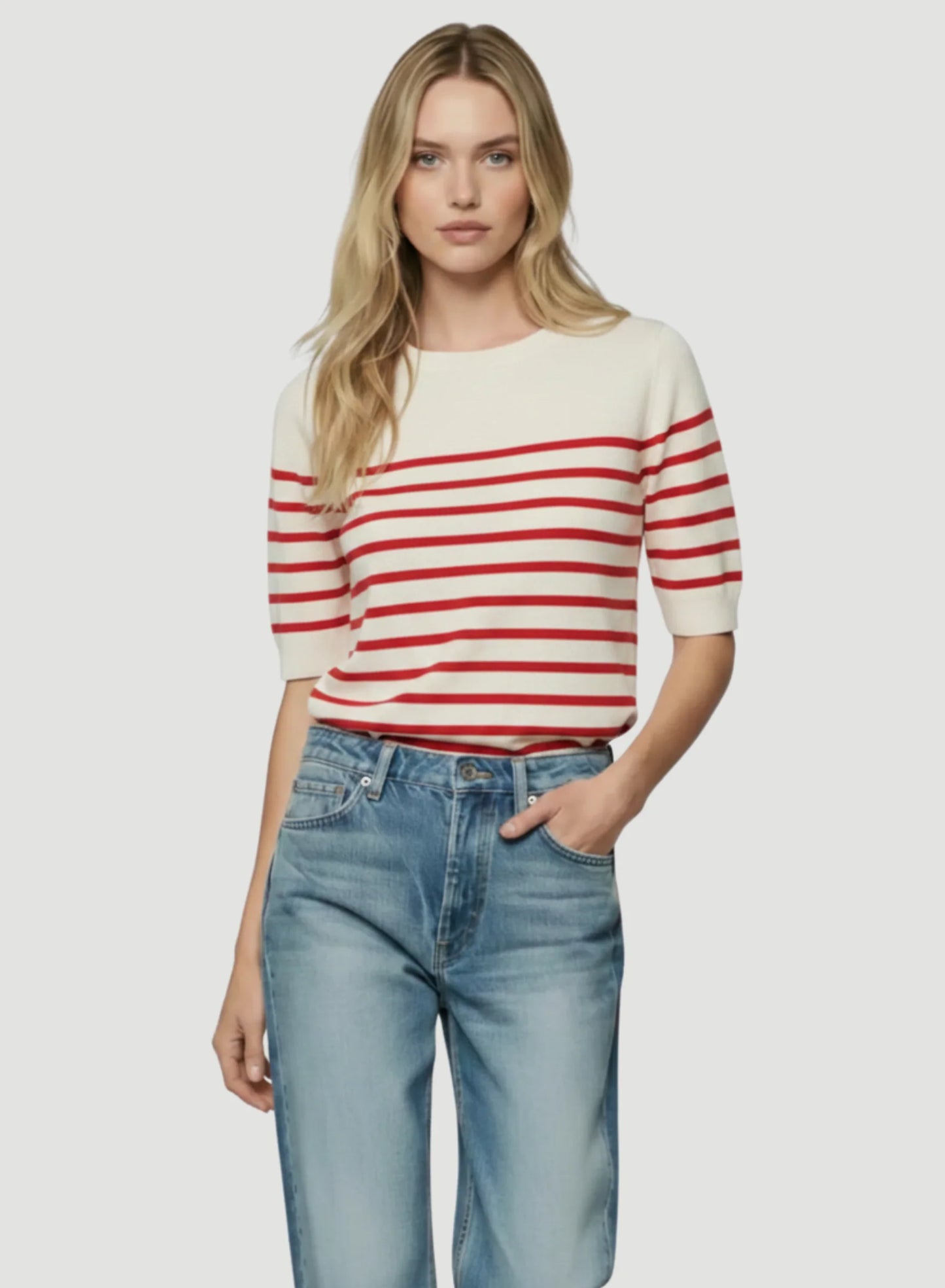 Stretch Linen Stripe Knit Three Quarter Sleeve Boatneck