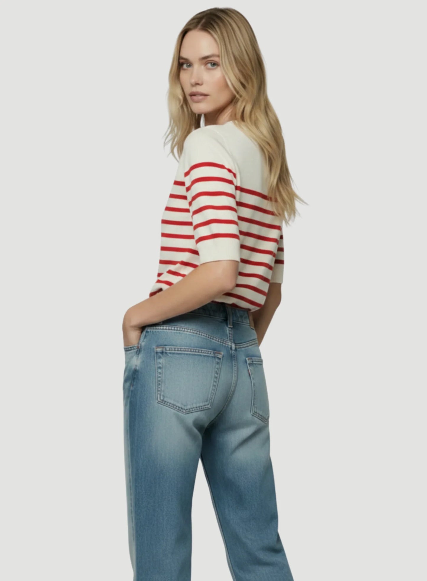 Stretch Linen Stripe Knit Three Quarter Sleeve Boatneck