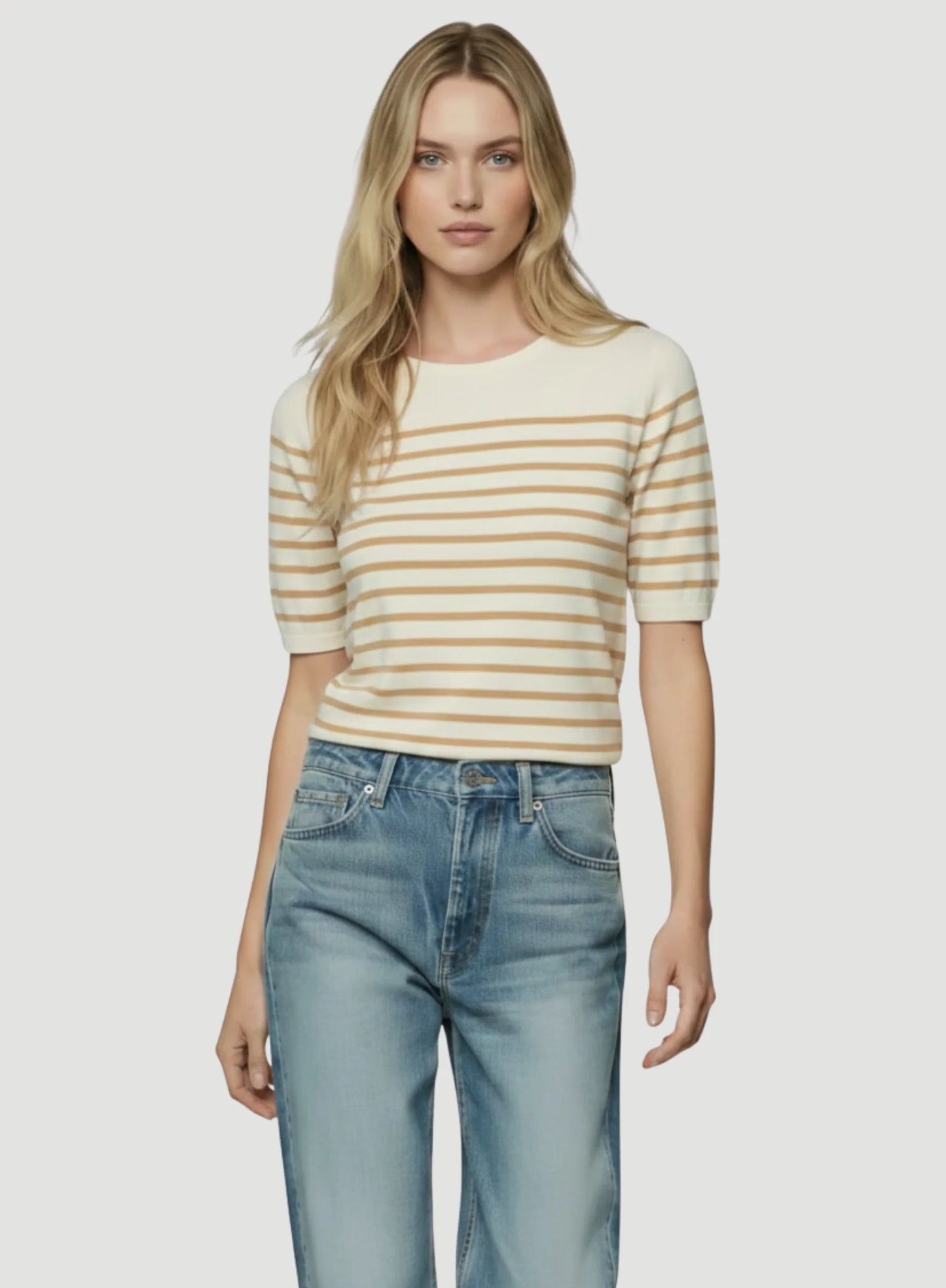Stretch Linen Stripe Knit Three Quarter Sleeve Boatneck