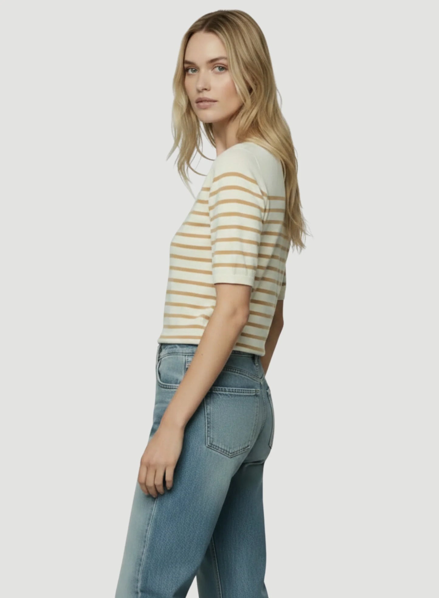 Stretch Linen Stripe Knit Three Quarter Sleeve Boatneck