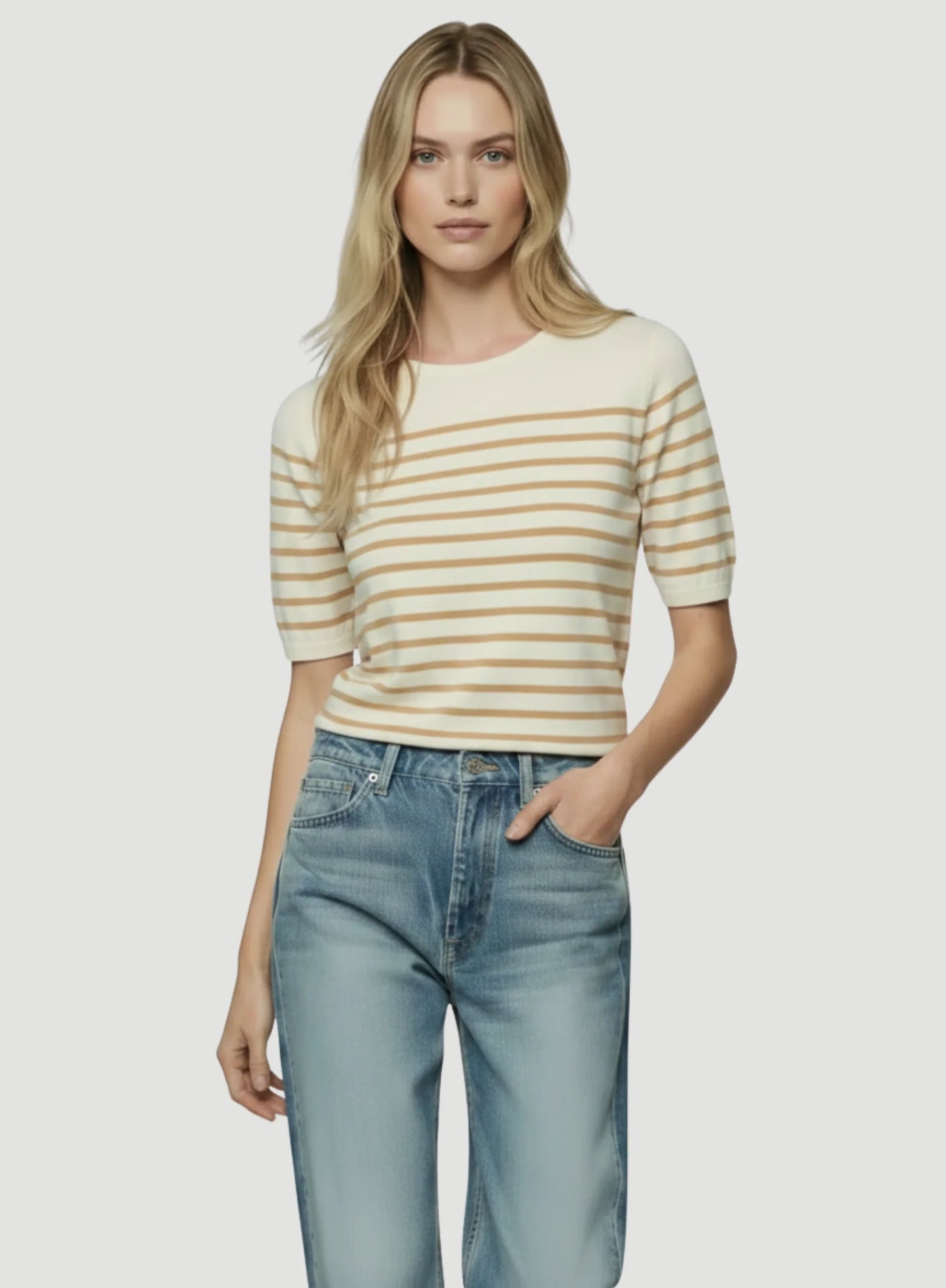 Stretch Linen Stripe Knit Three Quarter Sleeve Boatneck