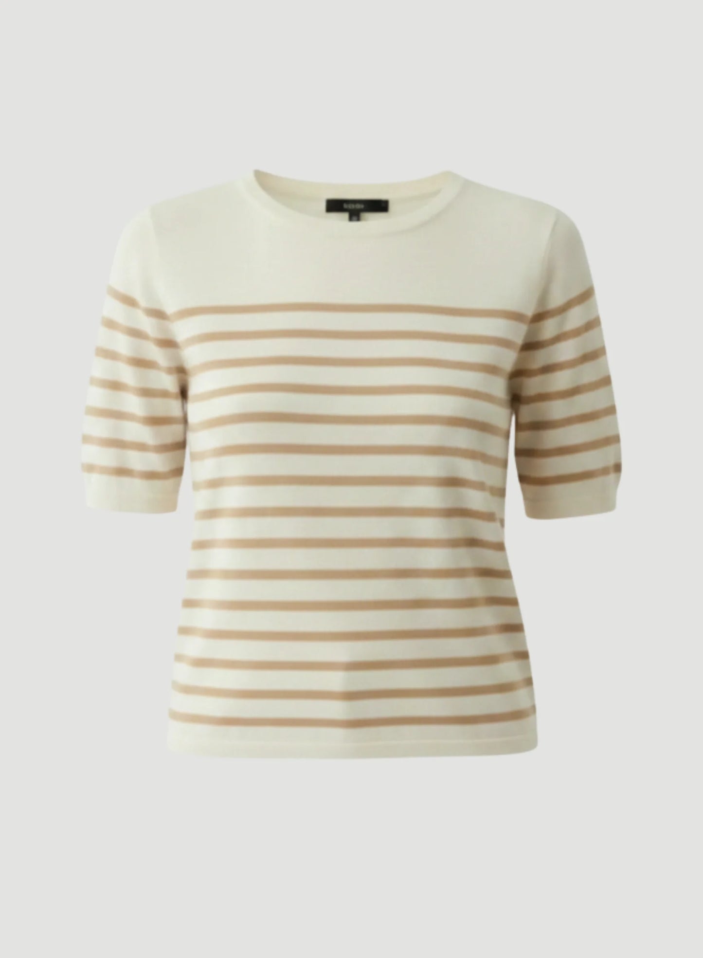 Stretch Linen Stripe Knit Three Quarter Sleeve Boatneck