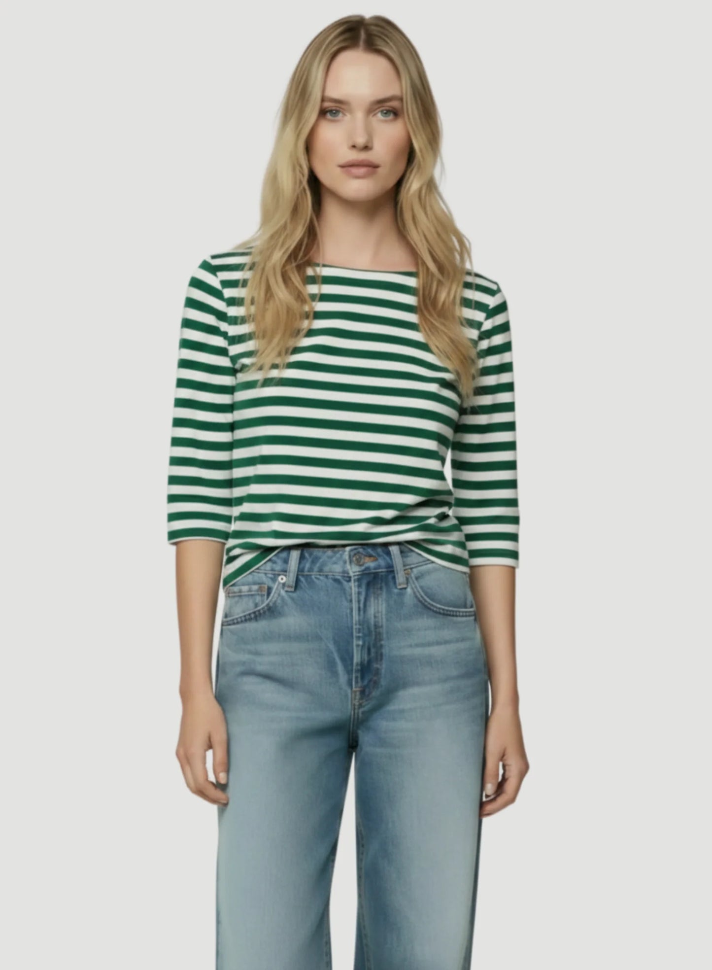 Stretch Linen Stripe Three Quarter Sleeve Boatneck T-Shirt