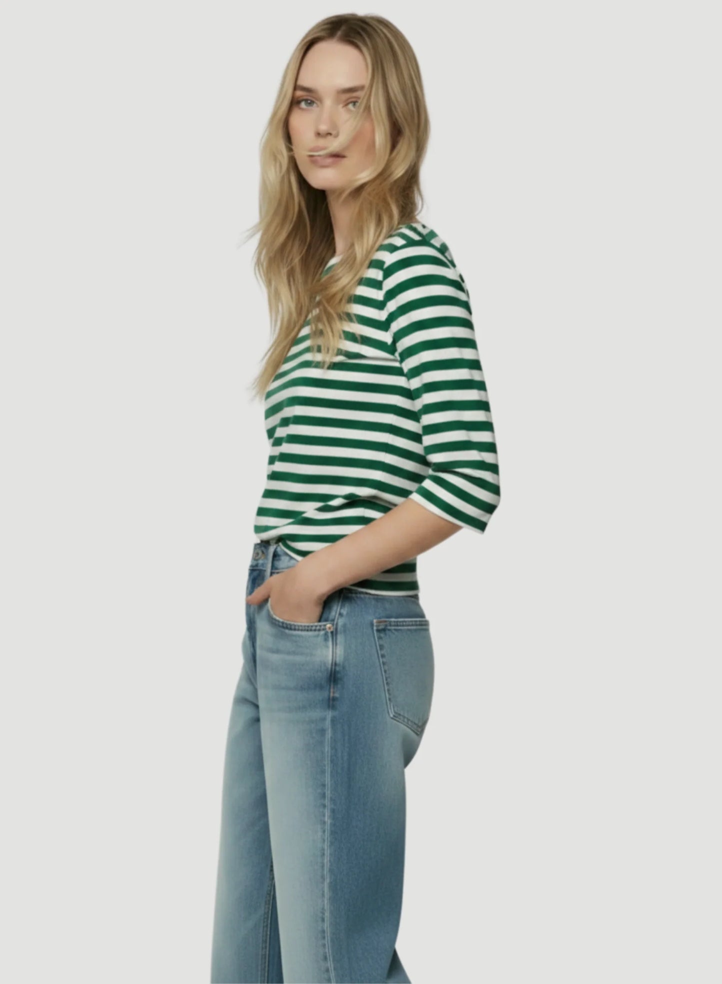 Stretch Linen Stripe Three Quarter Sleeve Boatneck T-Shirt