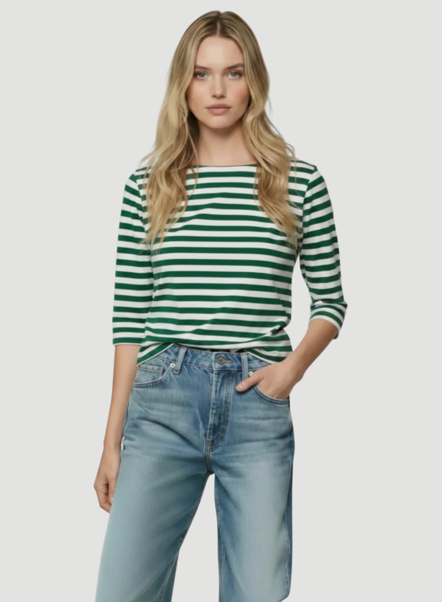 Stretch Linen Stripe Three Quarter Sleeve Boatneck T-Shirt