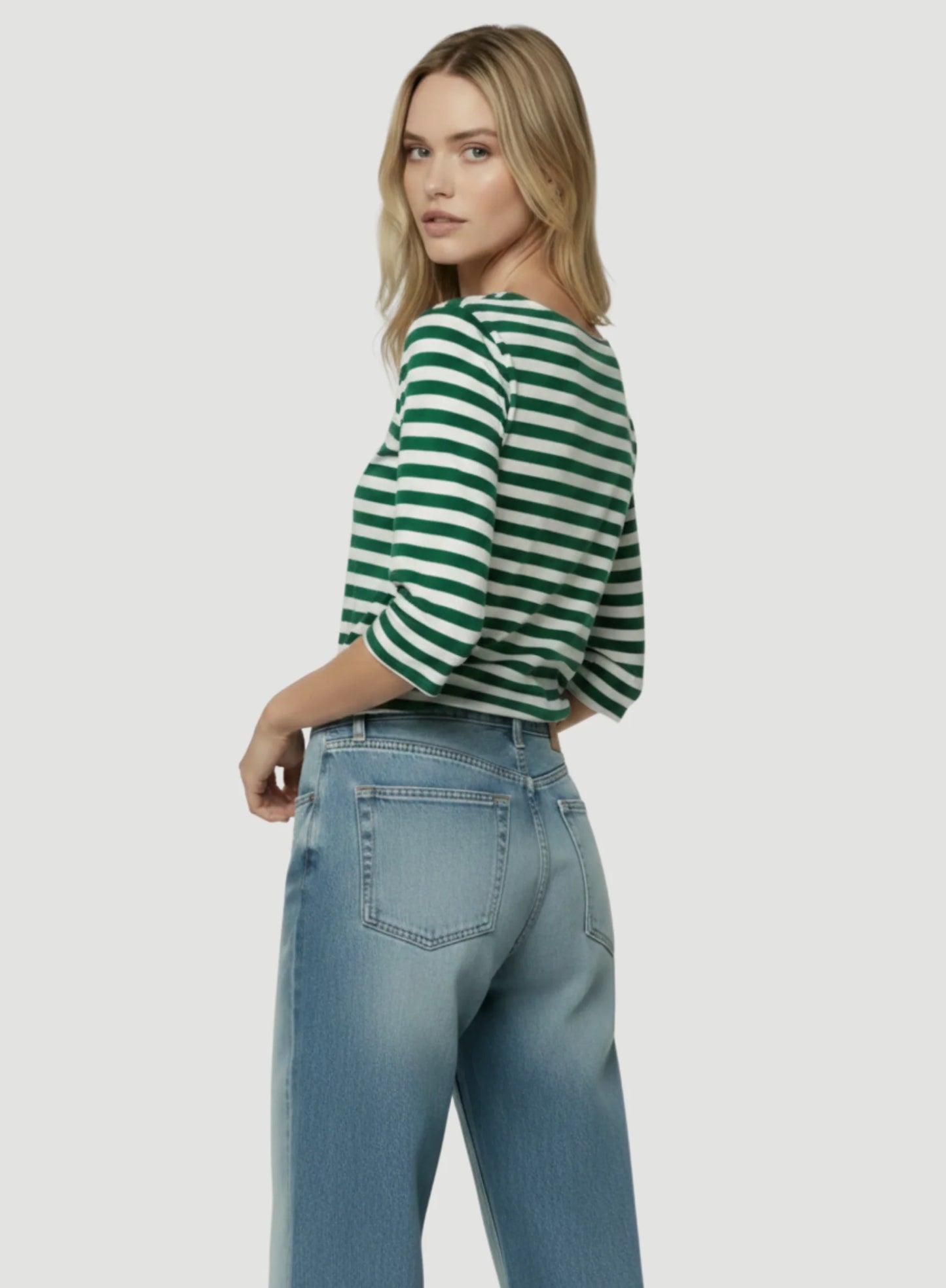Stretch Linen Stripe Three Quarter Sleeve Boatneck T-Shirt
