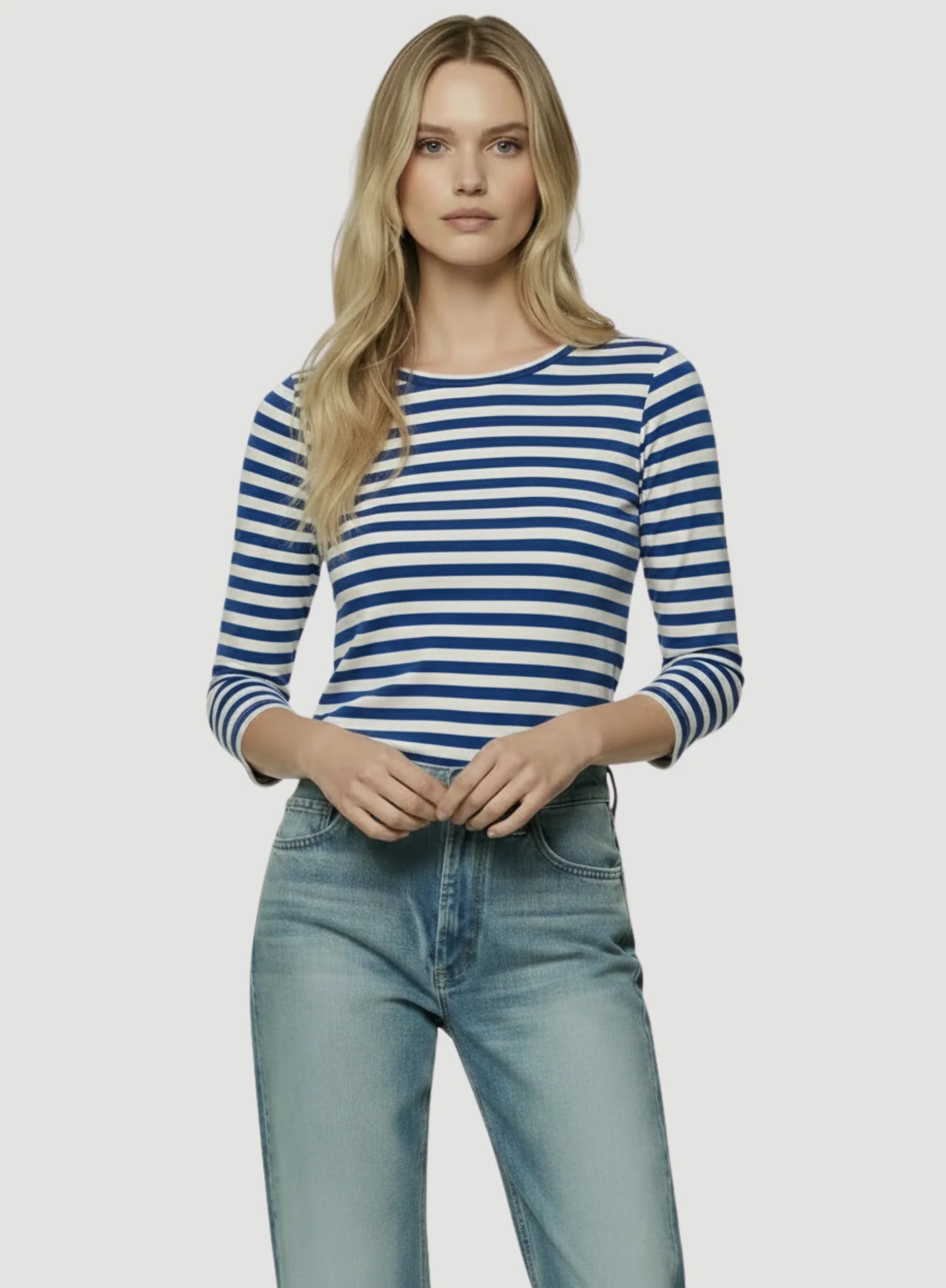 Stretch Linen Stripe Three Quarter Sleeve Boatneck T-Shirt
