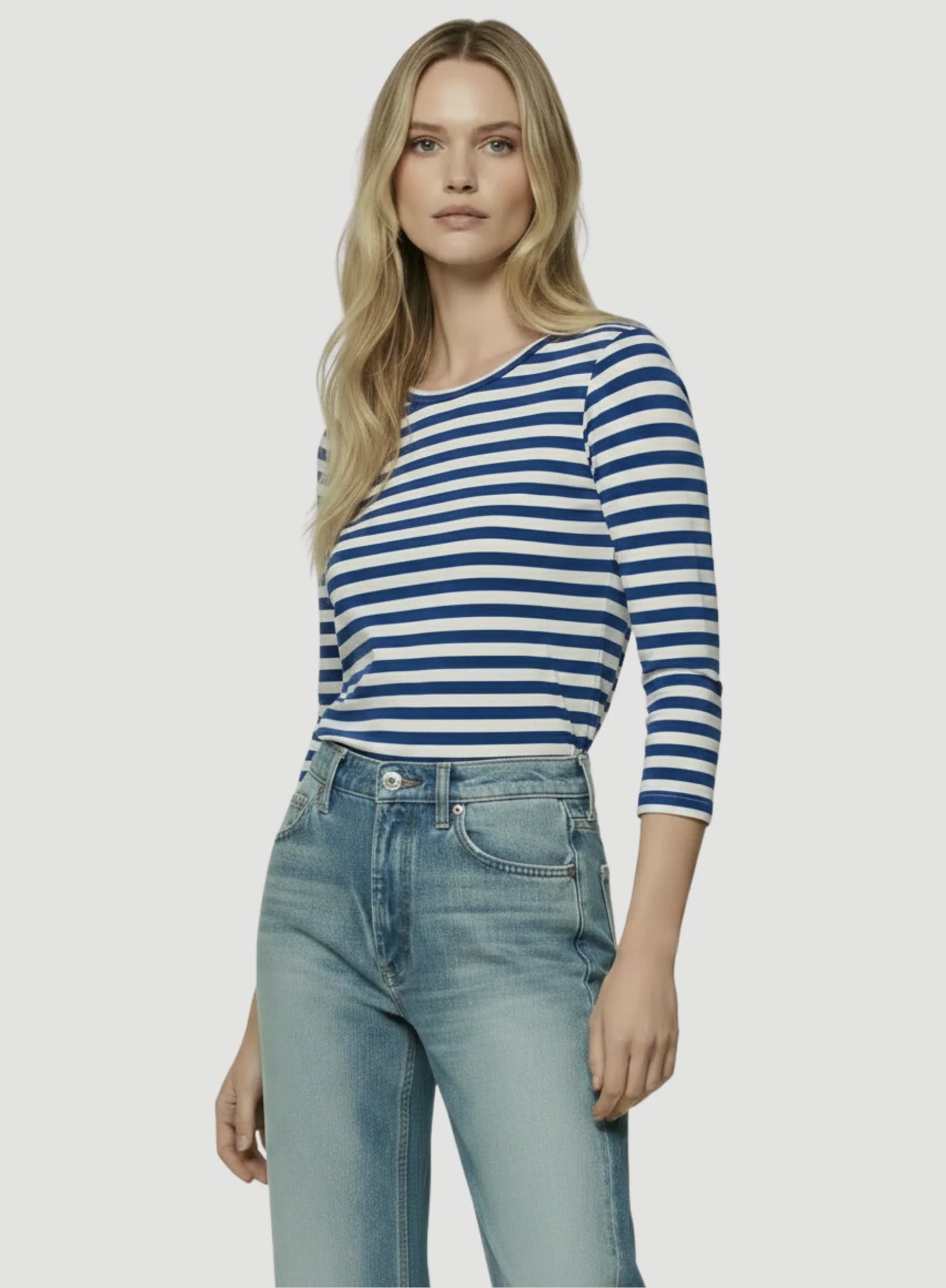 Stretch Linen Stripe Three Quarter Sleeve Boatneck T-Shirt