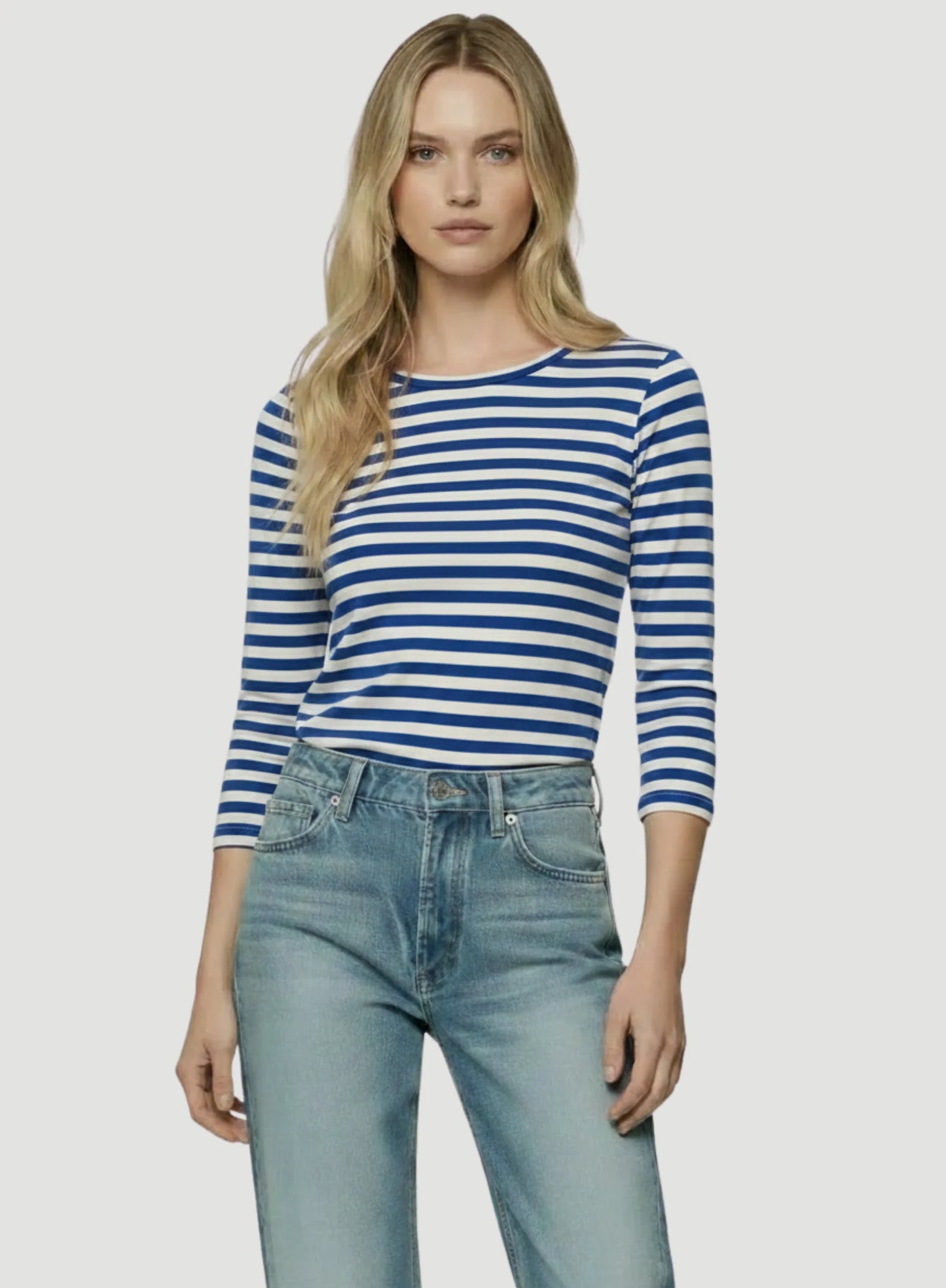 Stretch Linen Stripe Three Quarter Sleeve Boatneck T-Shirt