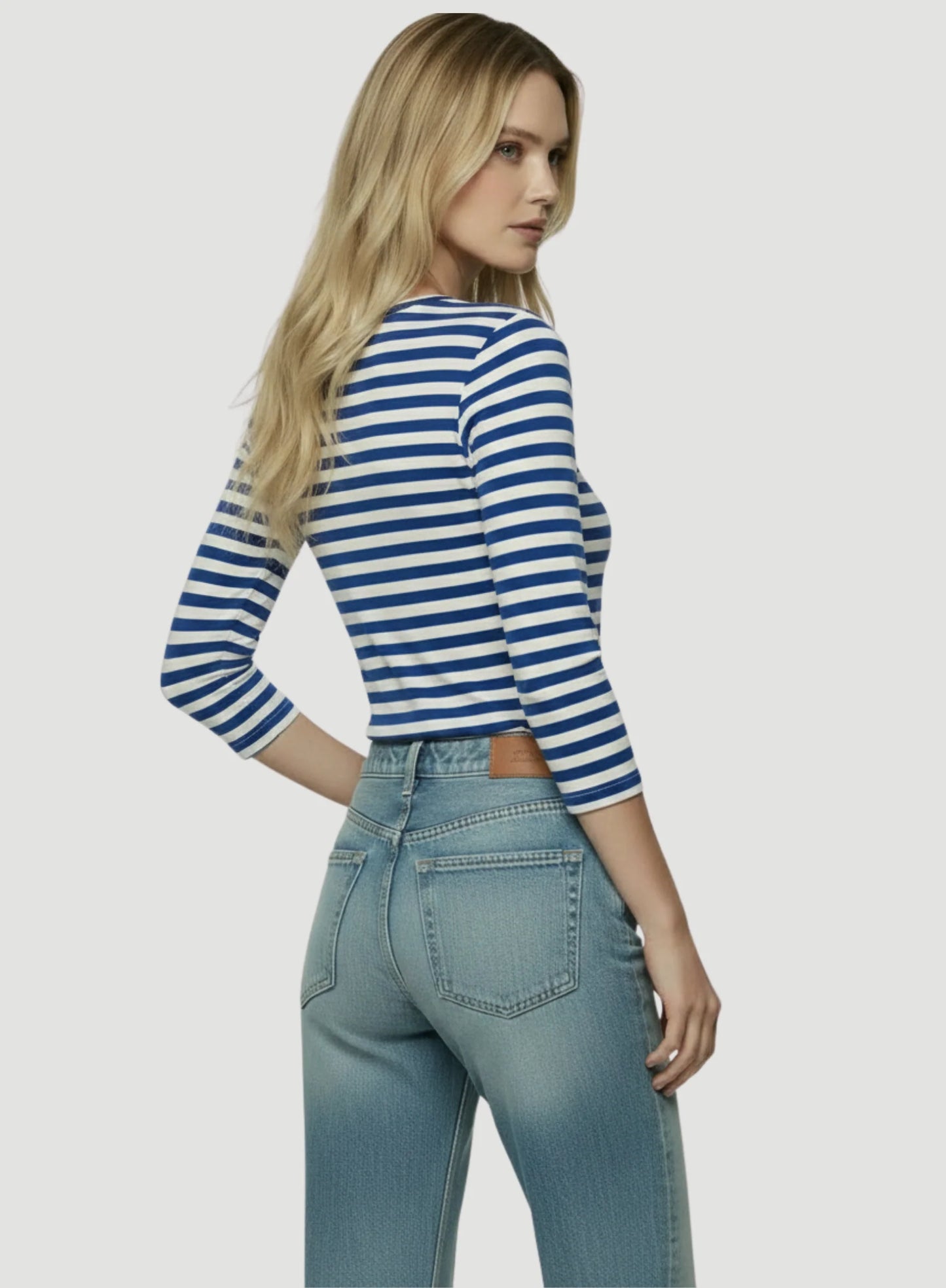 Stretch Linen Stripe Three Quarter Sleeve Boatneck T-Shirt