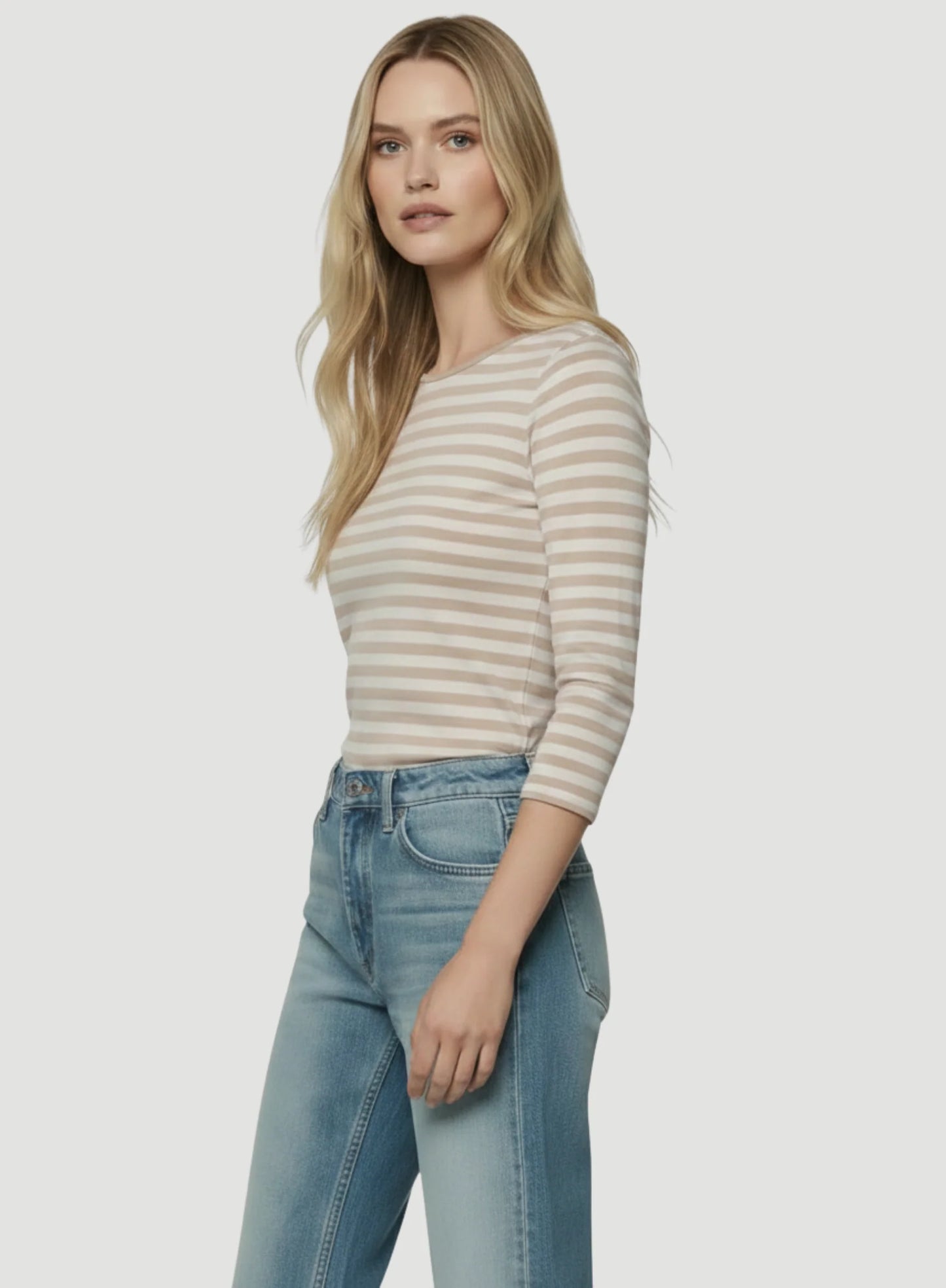 Stretch Linen Stripe Three Quarter Sleeve Boatneck T-Shirt