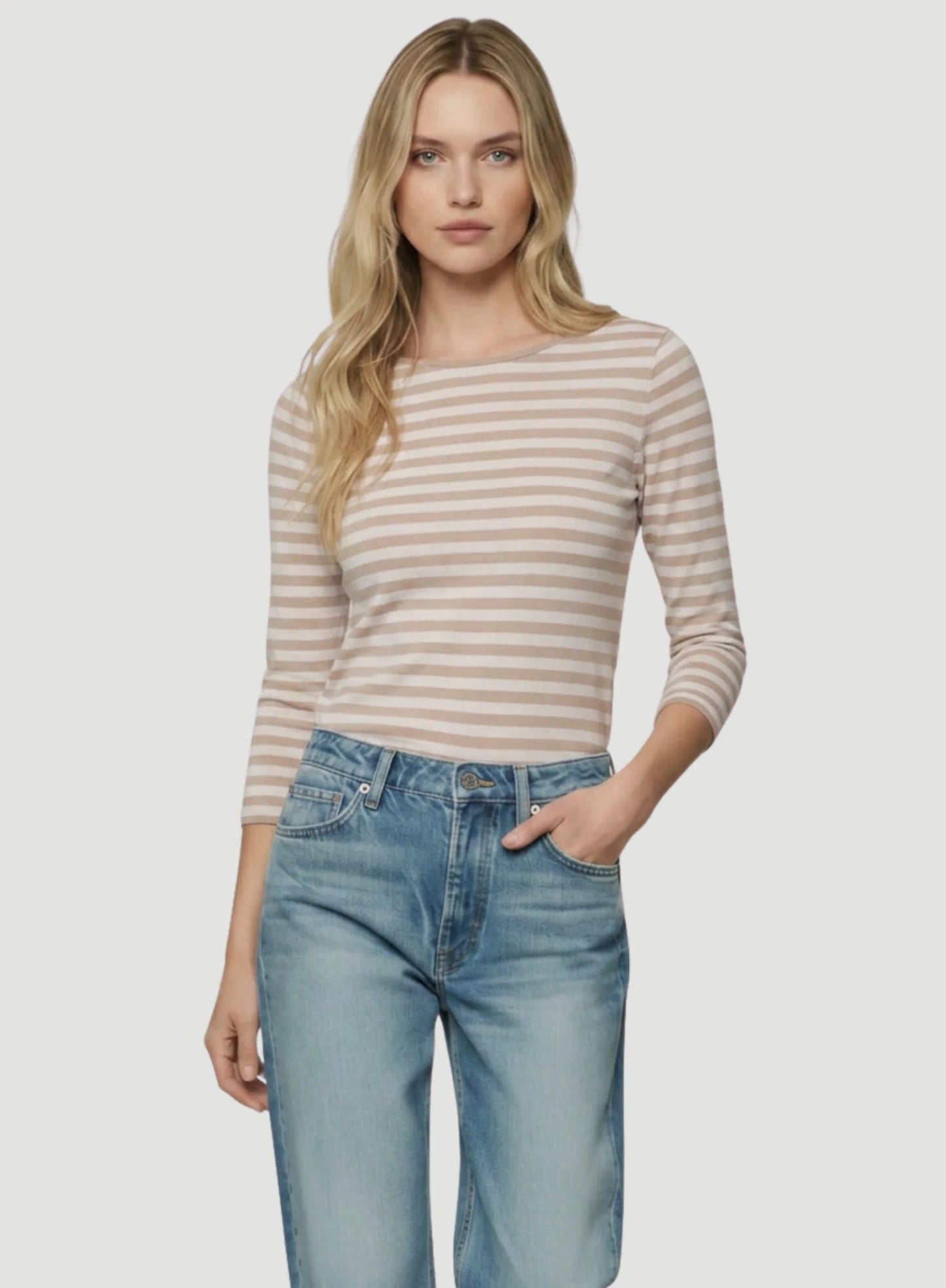 Stretch Linen Stripe Three Quarter Sleeve Boatneck T-Shirt