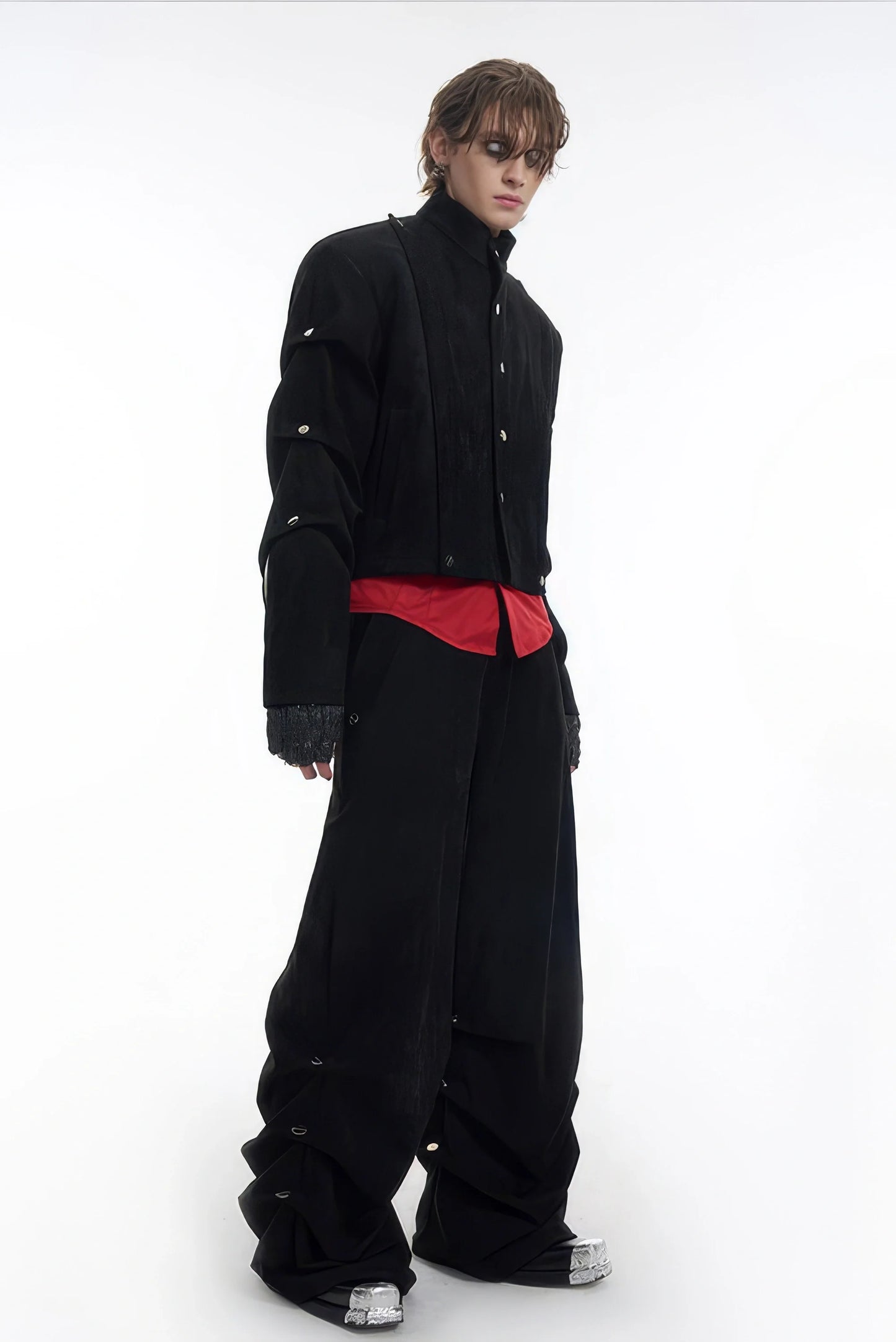 Men's Black Suede Short Jacket - Spring Crinkle Sleeve Coat