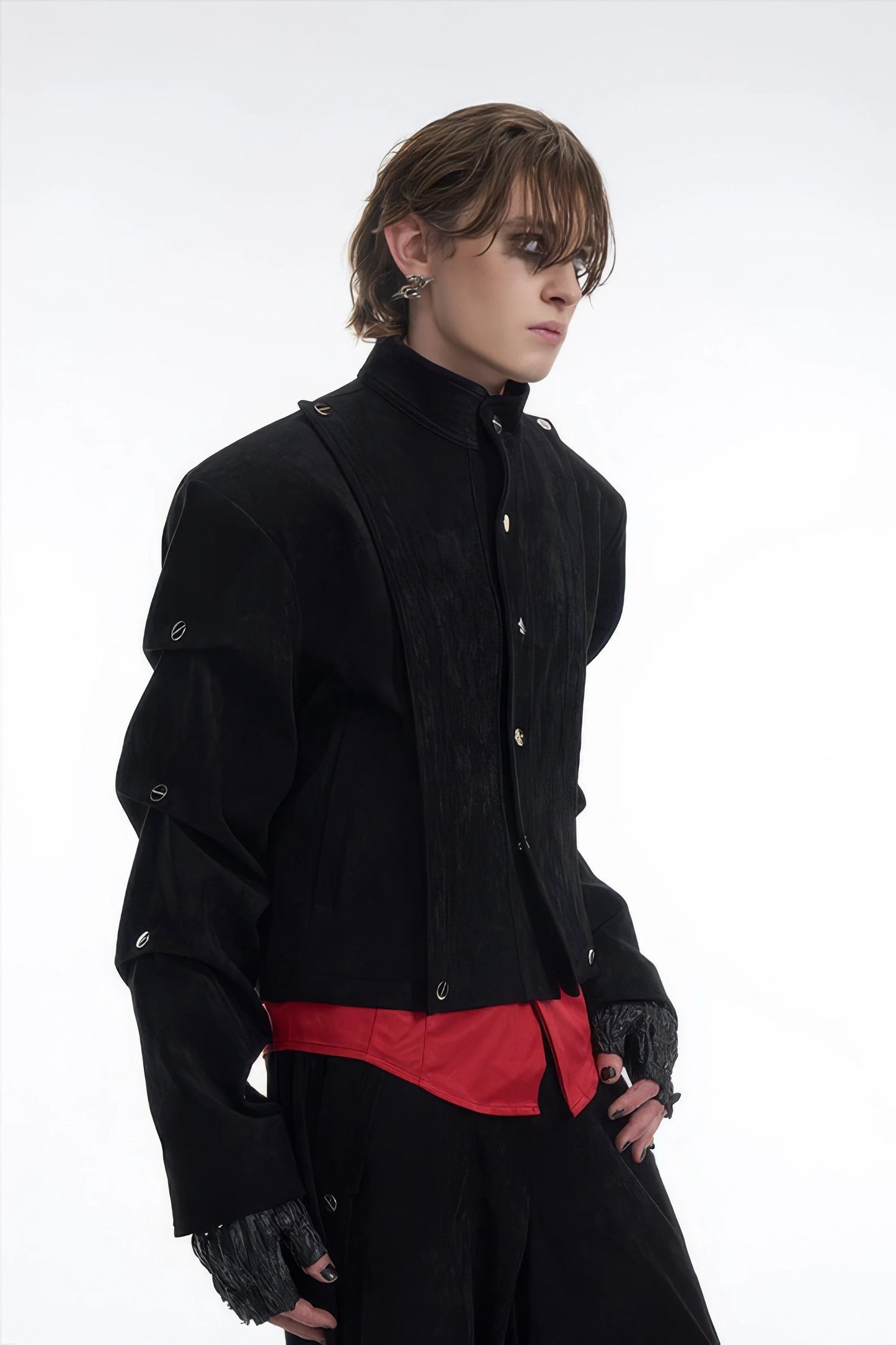 Men's Black Suede Short Jacket - Spring Crinkle Sleeve Coat