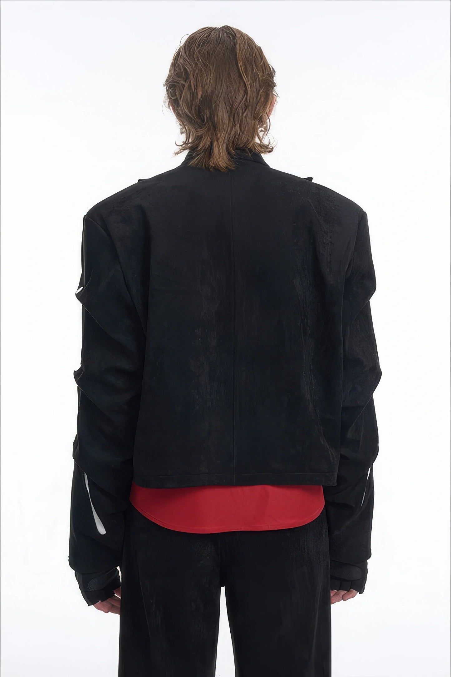 Men's Black Suede Short Jacket - Spring Crinkle Sleeve Coat