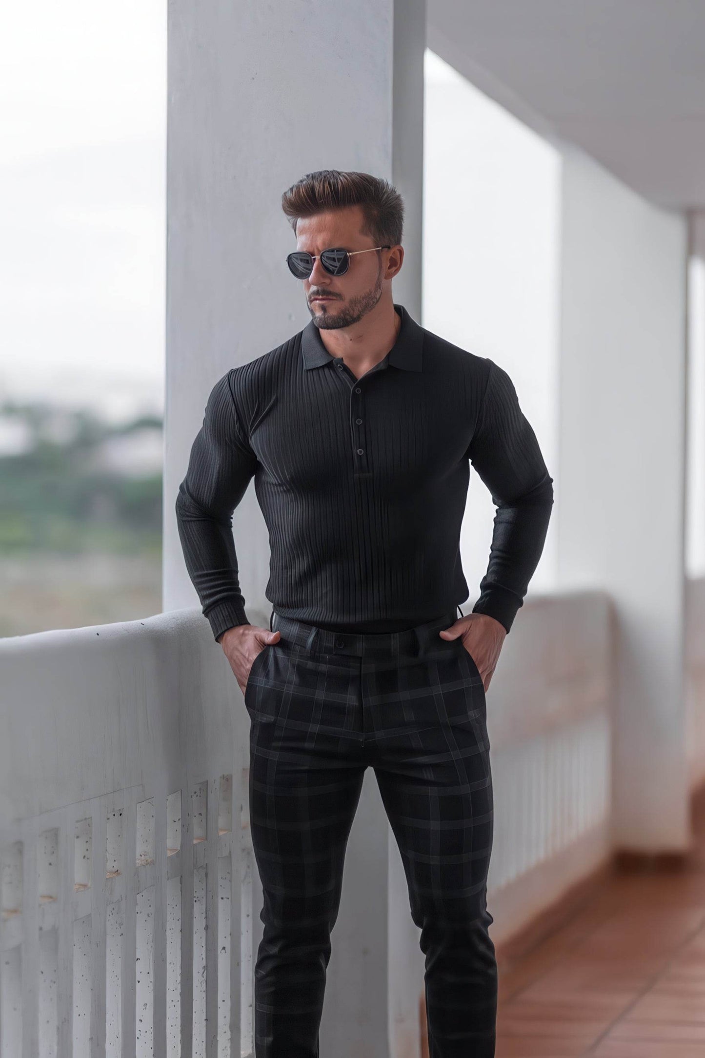 Men's Knit Polo Shirt - Muscle Fit Striped Long Sleeve Top