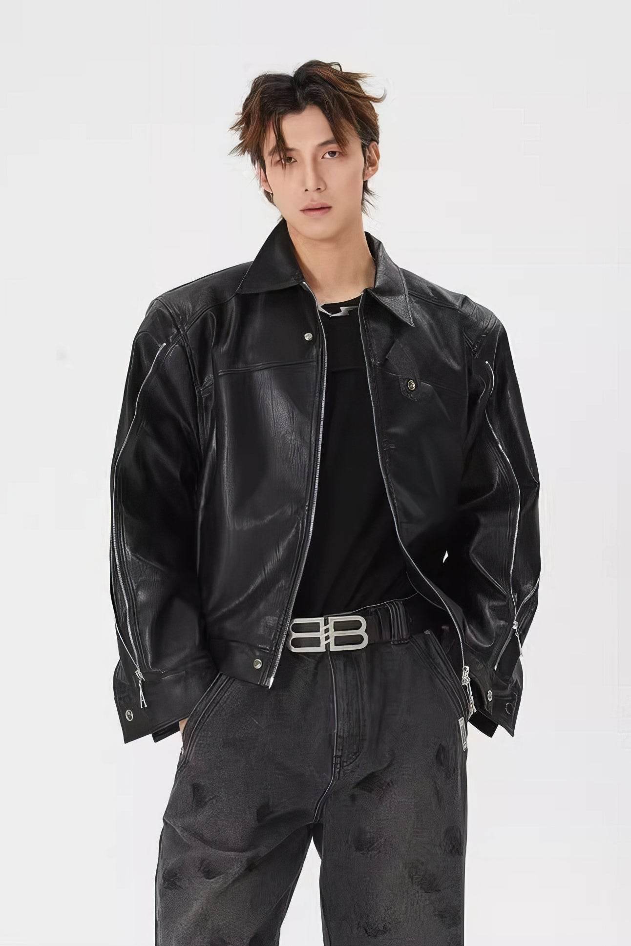 Men's Double Zipper Shoulder-Padded Leather Jacket