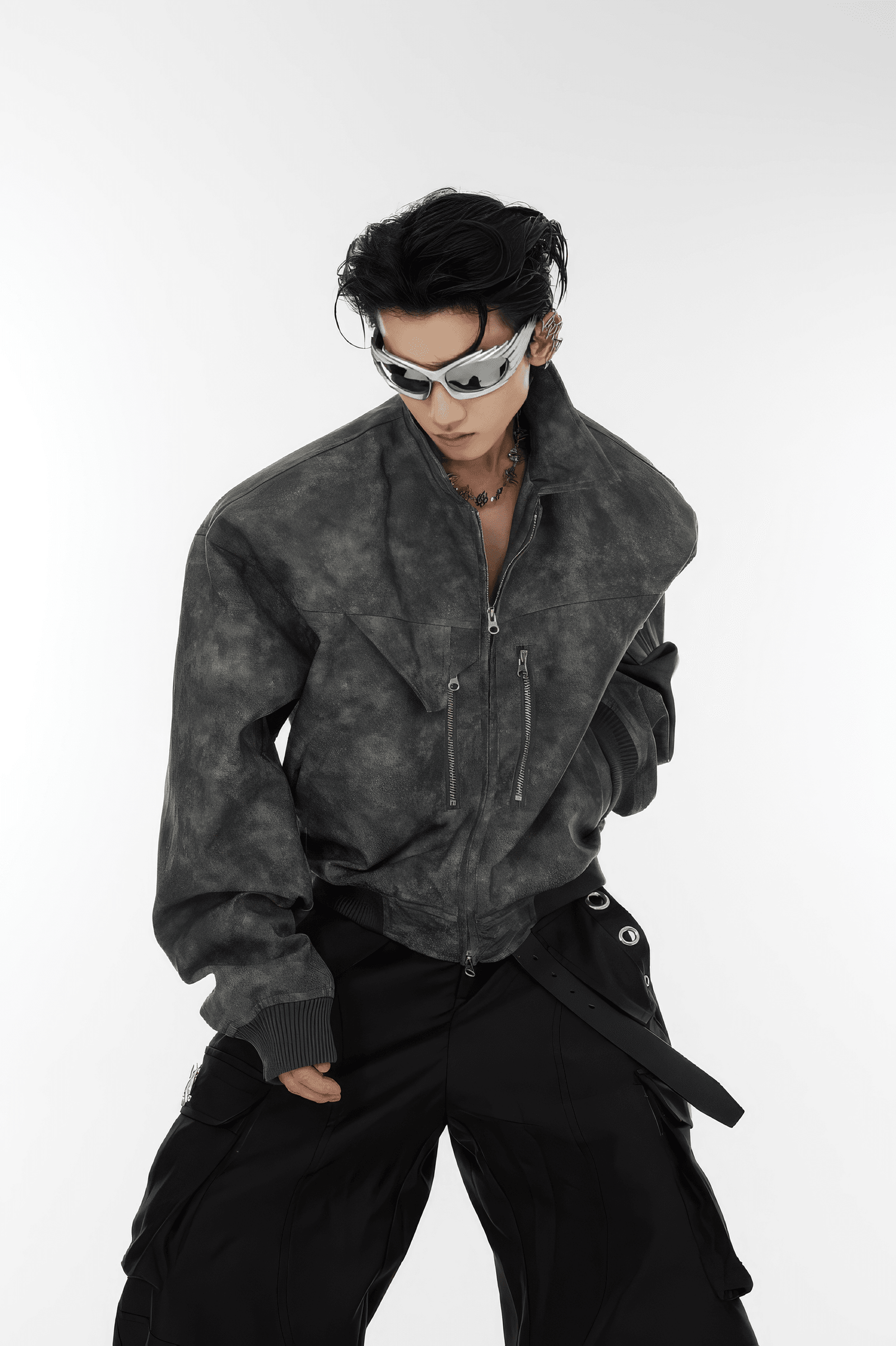 Men’s Trendy Polka Dot Gradient Pink Bomber Jacket with Shoulder Pads & Zipper Details