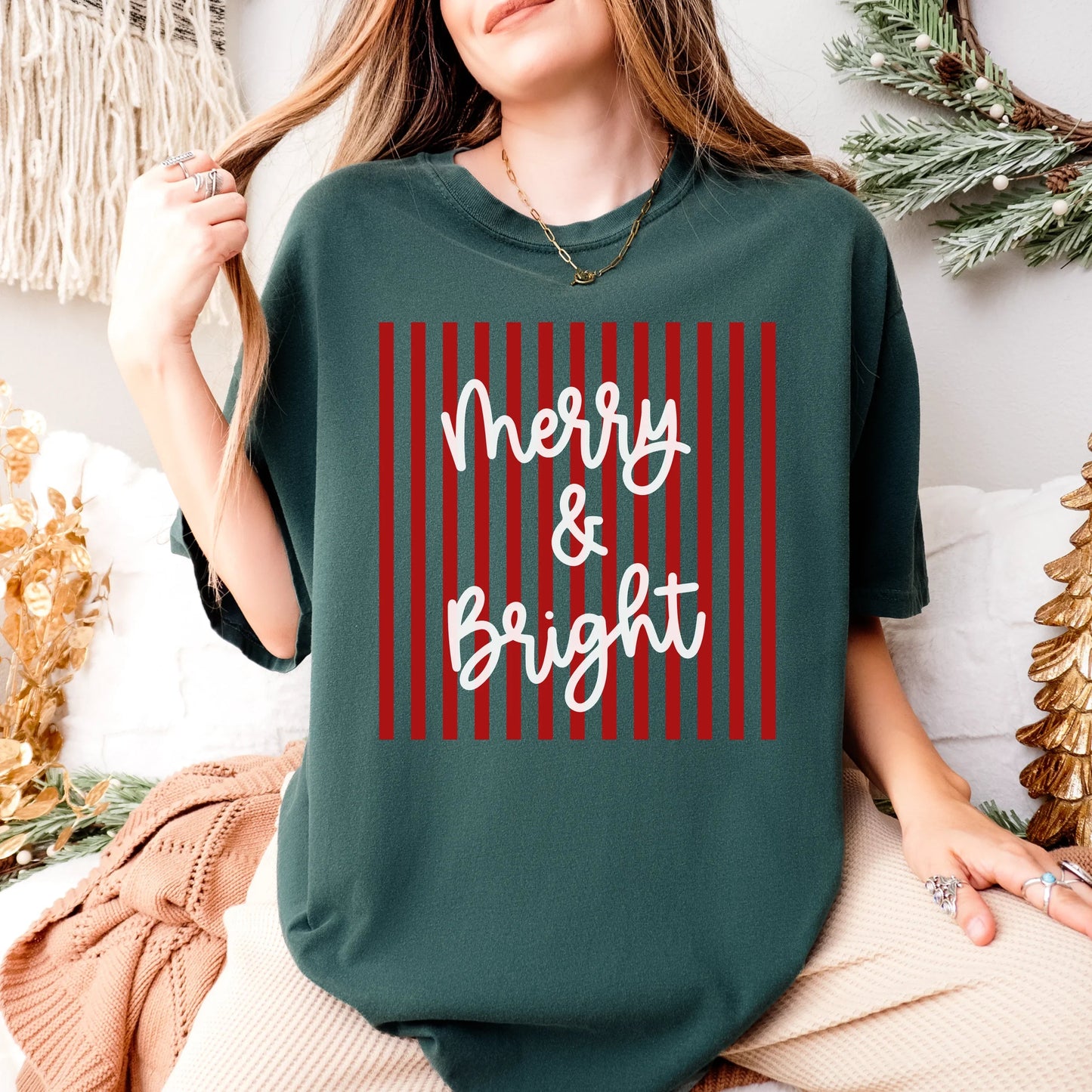 Comfort Colors Merry & Bright Striped T-Shirt | Christmas T-Shirt | Red and Green Holiday Graphic Shirt