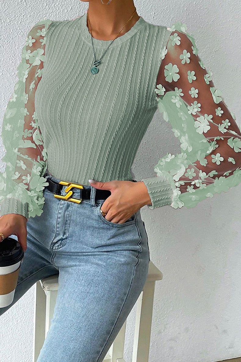 Women Fashion Blouse Mesh Long Sleeves Small Flower